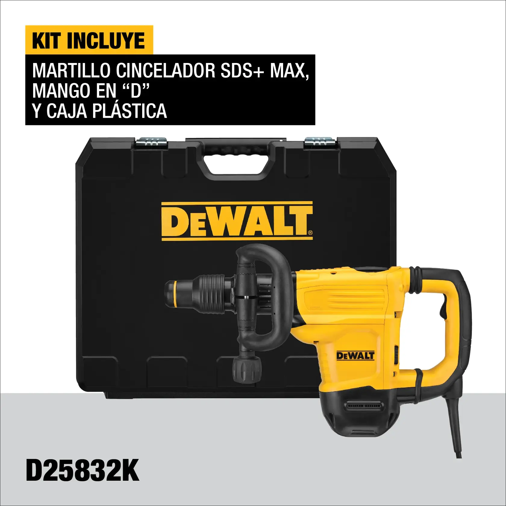 Image showing a DEWALT branded SDS+ Max chipping hammer kit, which includes a yellow and black chipping hammer with a D-shaped handle and a black plastic carrying case. The product SKU is D25832K.