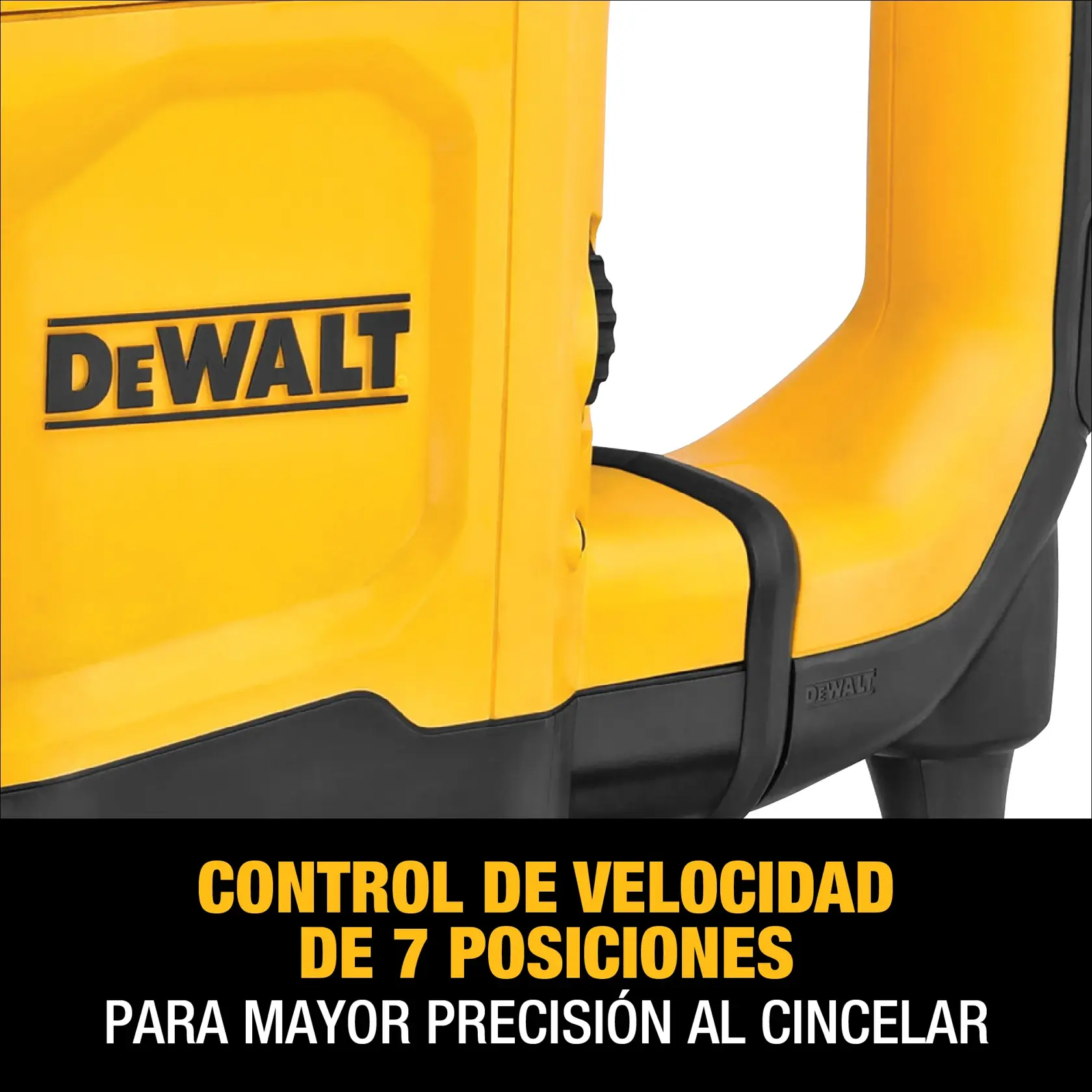 Close-up of a yellow DEWALT power tool with branding visible. The image highlights a feature, stating '7-position speed control for greater chiseling precision' in Spanish.