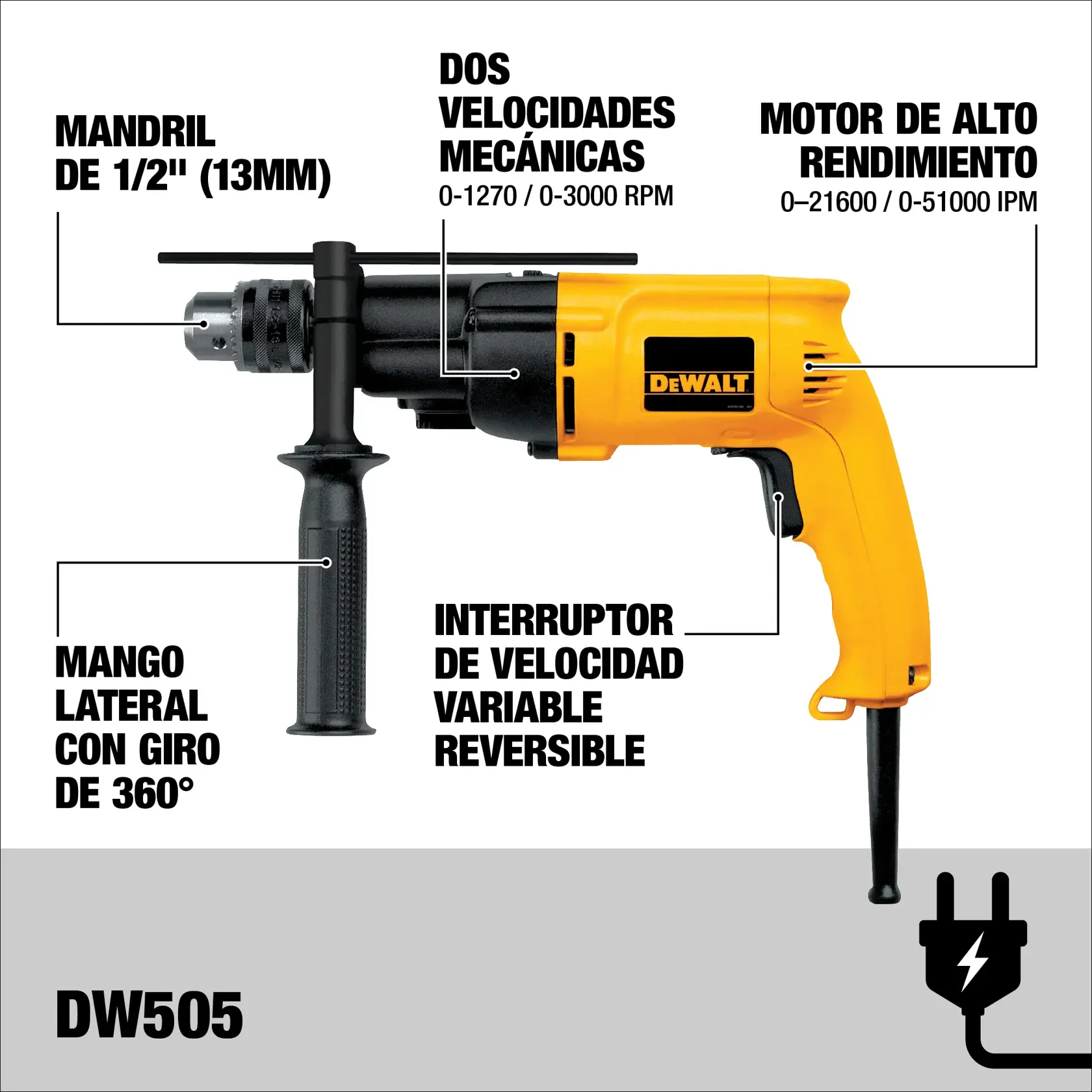 DEWALT® Taladro Percutor de 1/2" (13mm) con Cable de 800W y Velocidad Variable Reversible