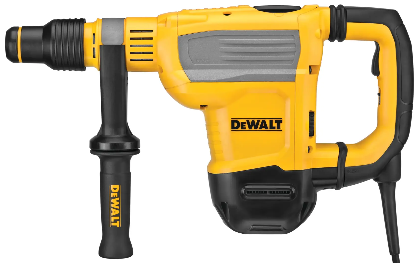 A yellow and black DEWALT rotary hammer drill with two handles and an electric cord, designed for heavy-duty construction work.