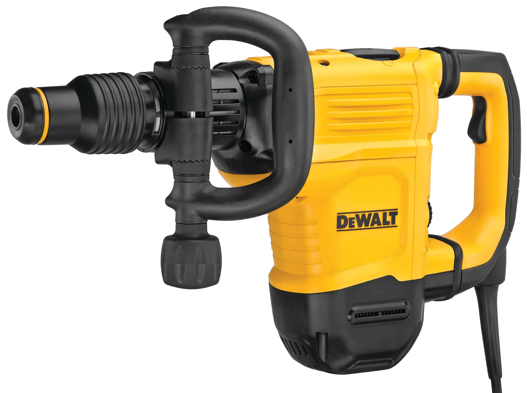 A DEWALT yellow and black power tool, specifically a heavy-duty demolition hammer with a side handle and trigger grip, used for construction and concrete breaking.