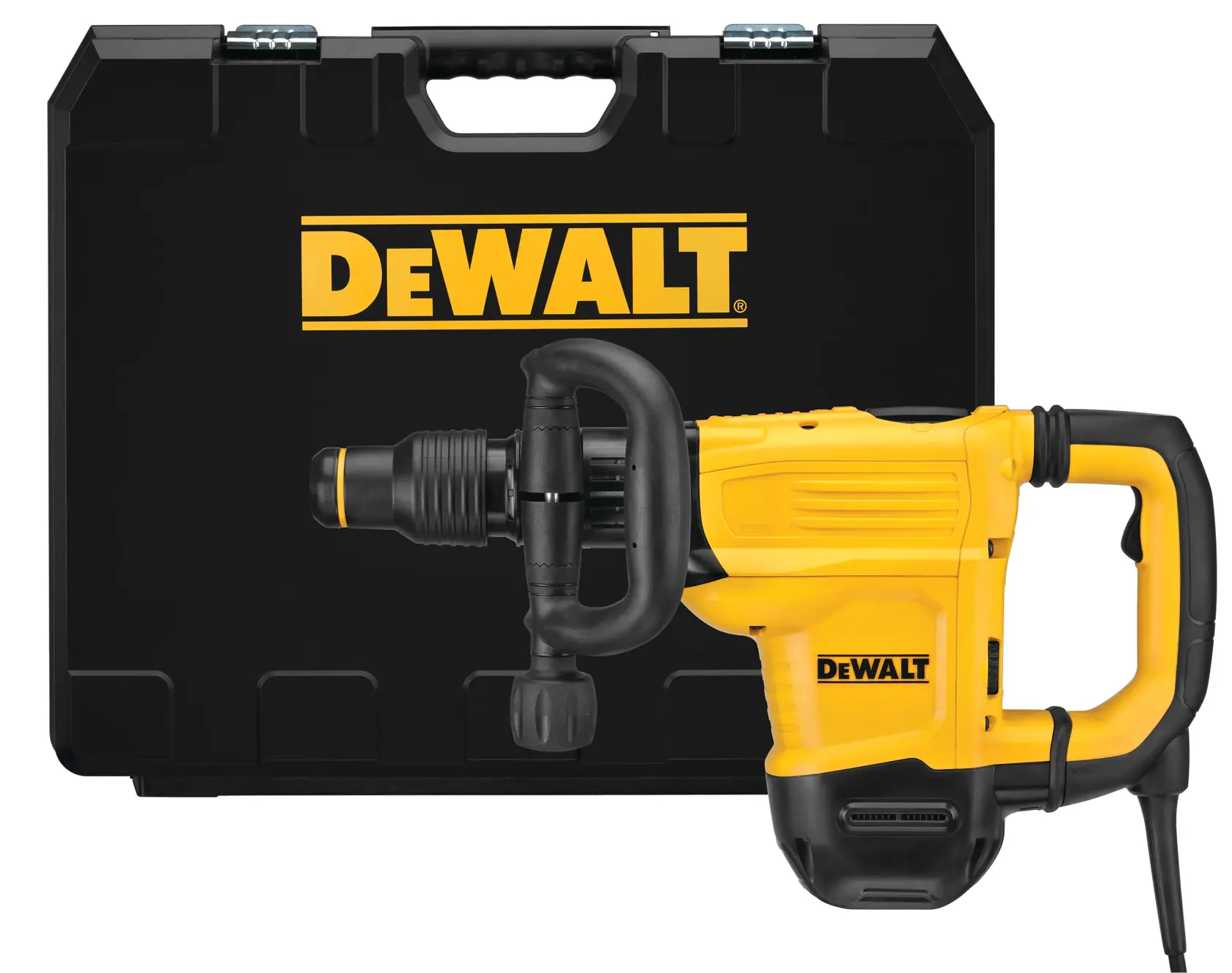 A yellow and black DEWALT rotary hammer is shown in front of a black DEWALT carrying case.