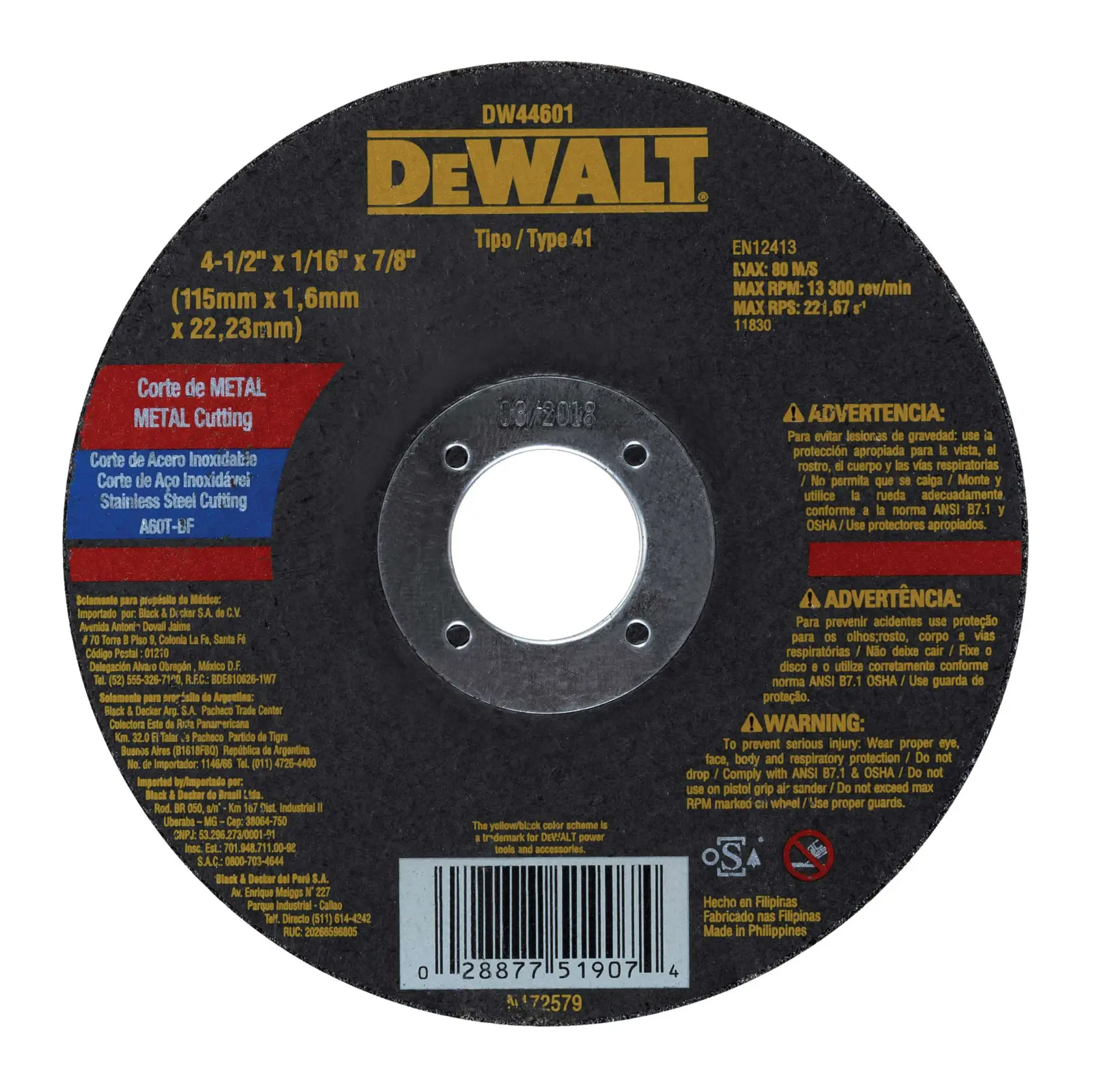 DEWALT® Disco de Corte de 4-1/2" (115mm) x 1.6mm T41 para Metal/Inox