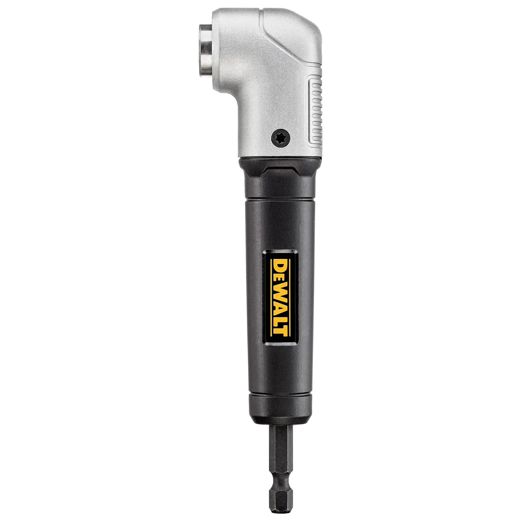 A DEWALT right angle drill attachment with a black handle and a silver head, designed for use with drill bits in tight spaces.