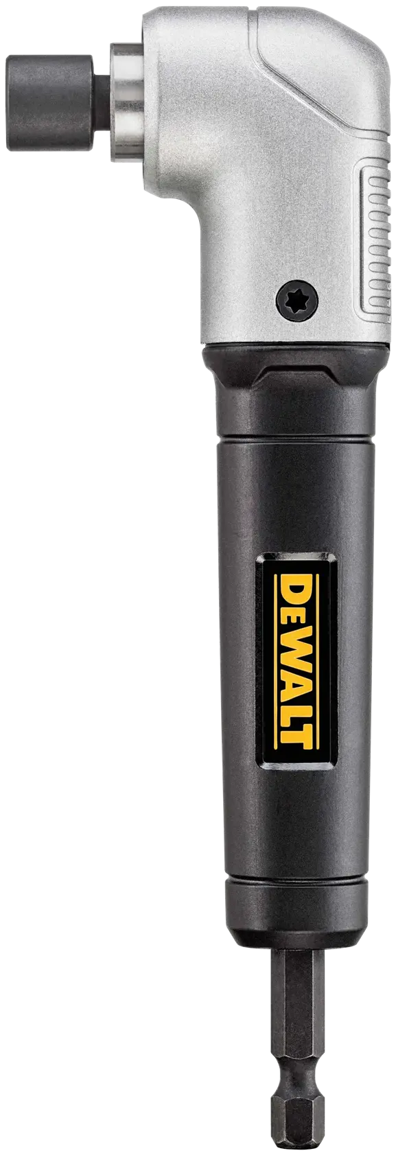 DEWALT right angle attachment tool with a black and silver body, designed for use with drills to access tight spaces. The tool features a DEWALT logo in yellow and black on the side.