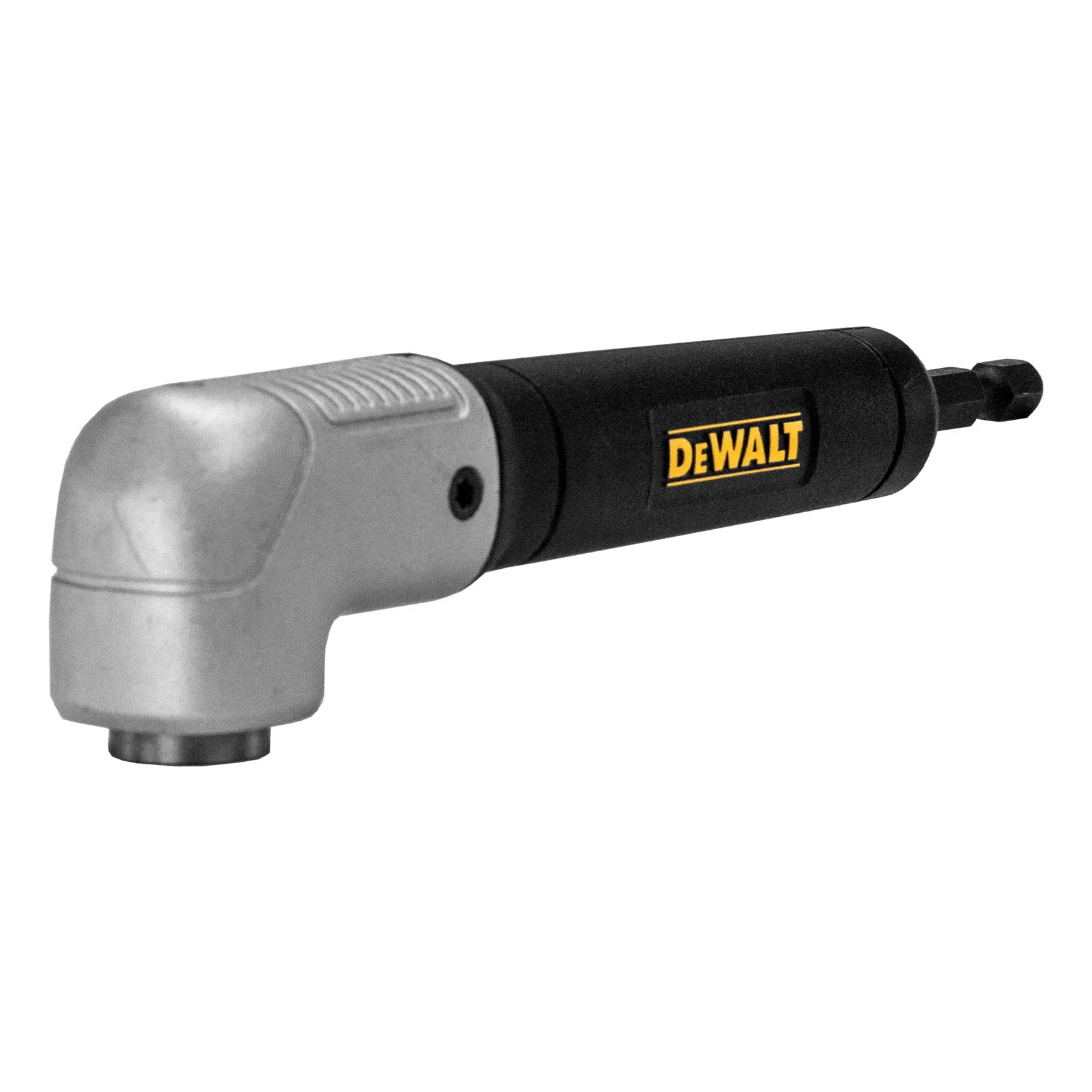A DEWALT right angle drill attachment with a silver metal head and black body, featuring a DEWALT logo on the side. The tool is designed for accessing tight or hard-to-reach places.