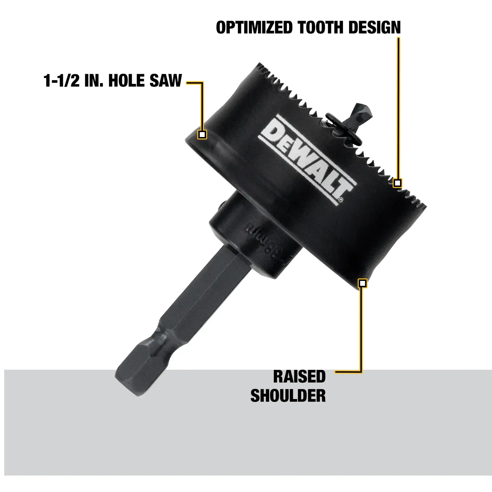 A DEWALT 1-1/2 inch hole saw with optimized tooth design and raised shoulder, shown against a white background with labeled product features.