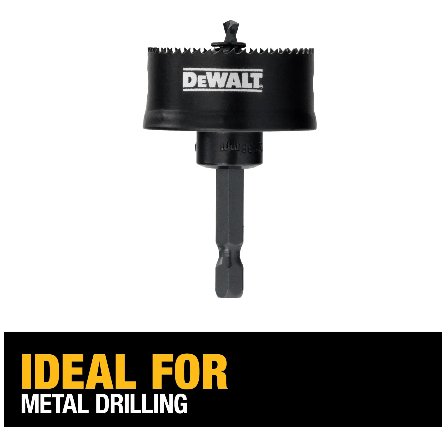 A DEWALT hole saw drill bit with hex shank, shown against a white background. The product is promoted as ideal for metal drilling.