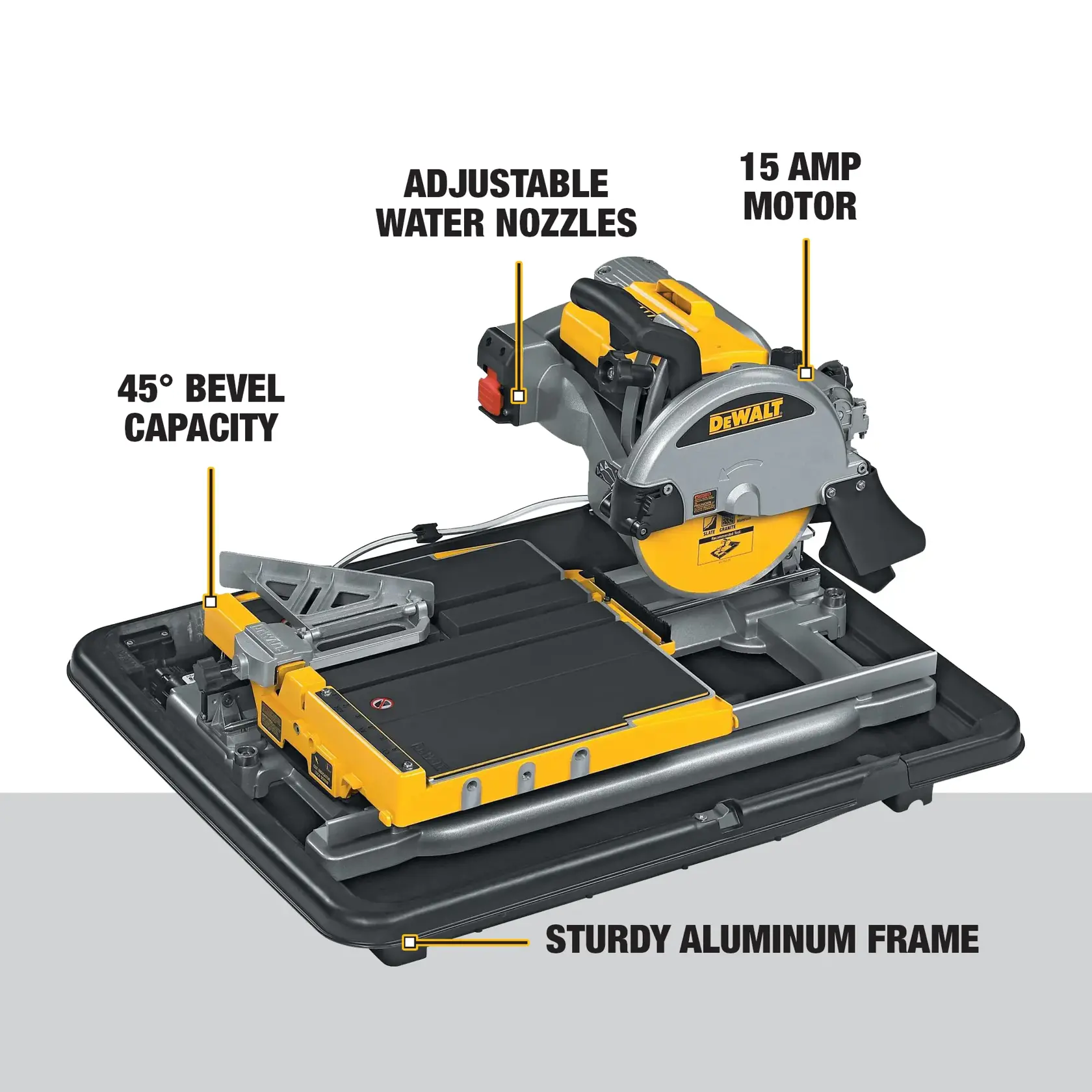 wet tile saw being used by person to cut tile in half