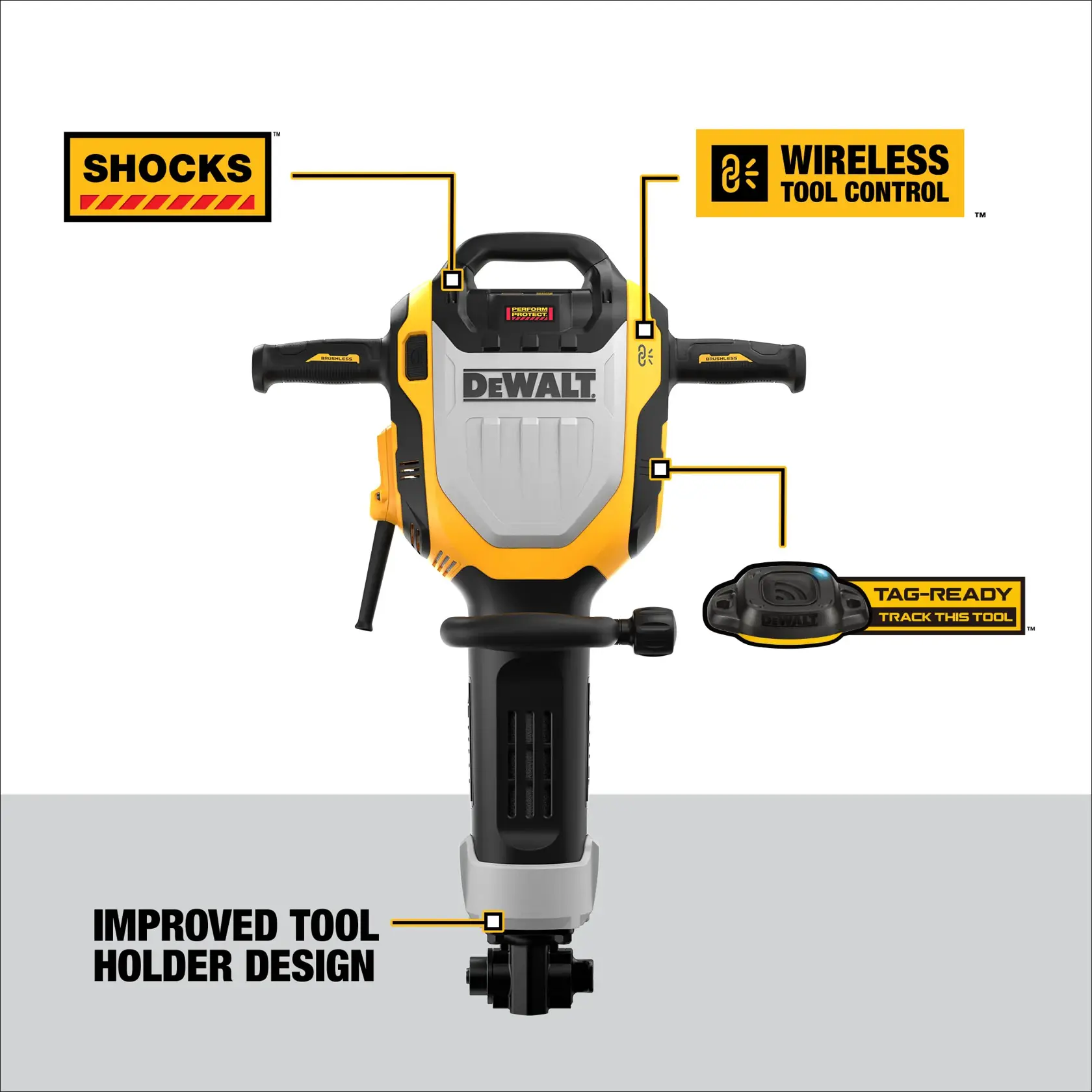 Image of a DEWALT tool, specifically a demolition hammer, with highlighted features: SHOCKS system for vibration control, wireless tool control, tag-ready for tool tracking, and improved tool holder design. The tool is shown in a frontal view with labels pointing to different features.