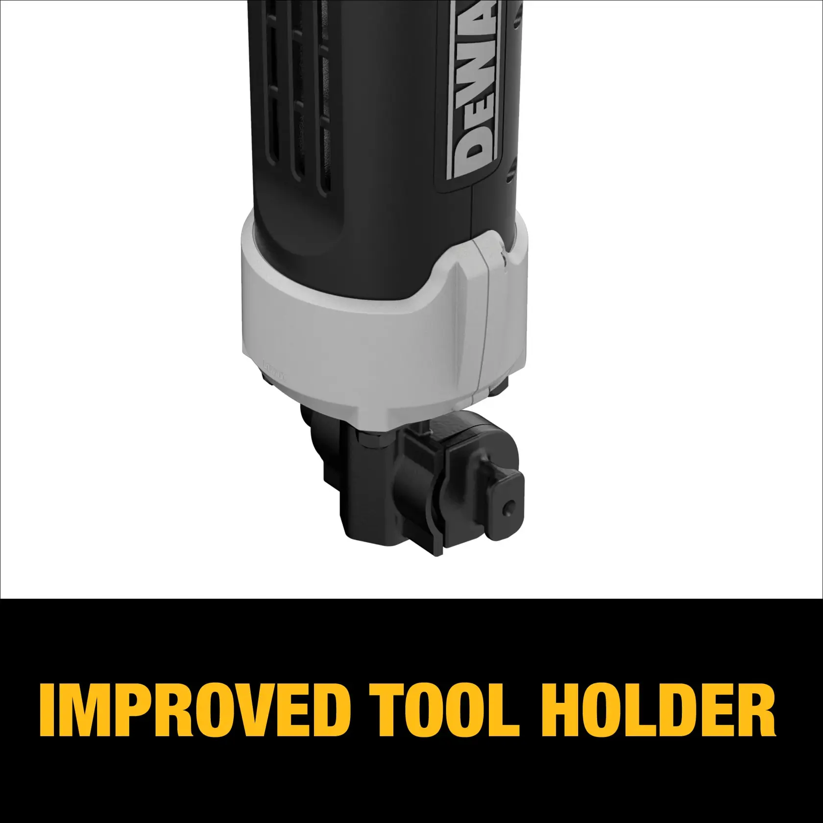 Close-up of a DEWALT power tool showing its improved tool holder, with the words 'IMPROVED TOOL HOLDER' written in bold yellow text below.