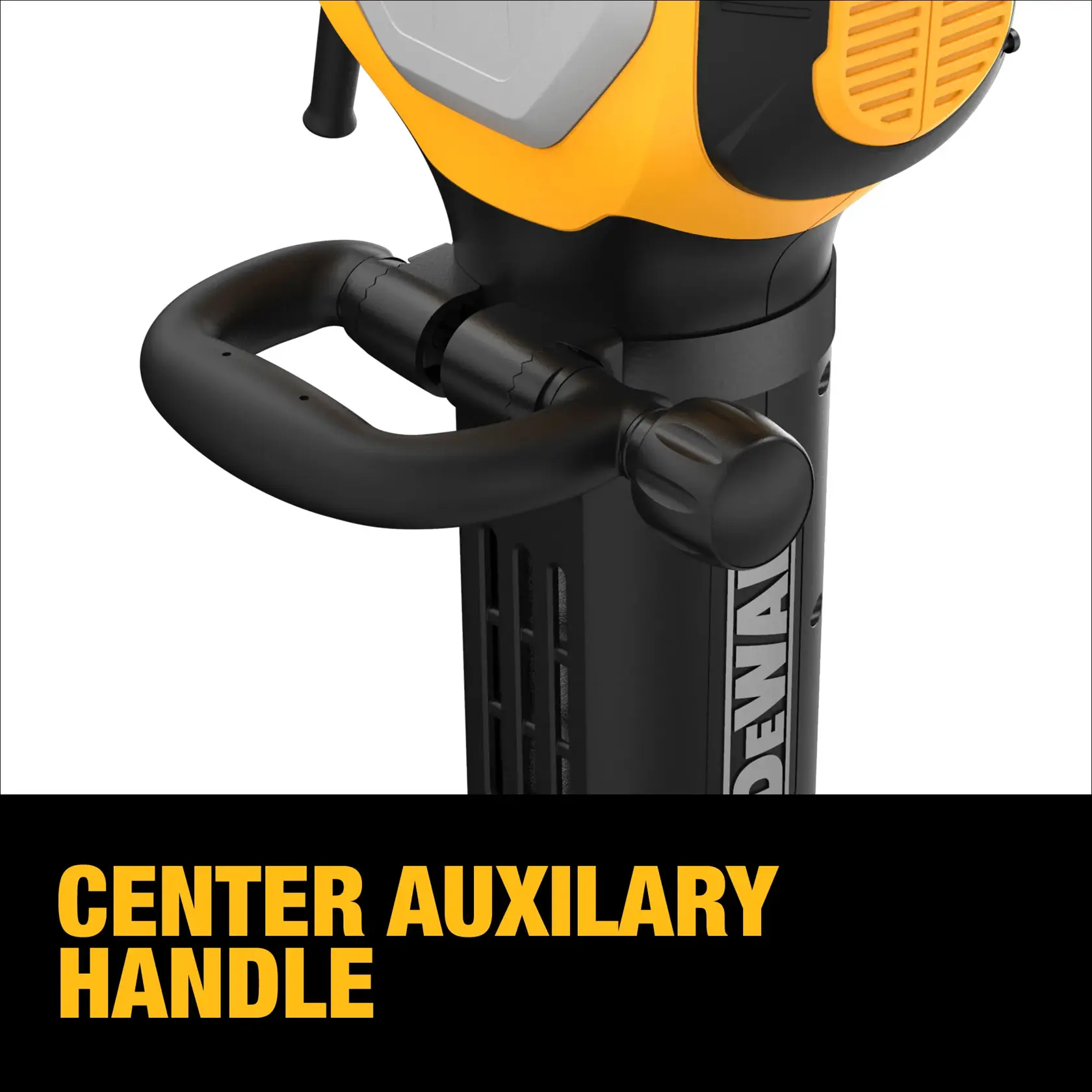 Close-up image of a DEWALT power tool featuring a black center auxiliary handle, with the words 'CENTER AUXILIARY HANDLE' displayed in yellow text below.