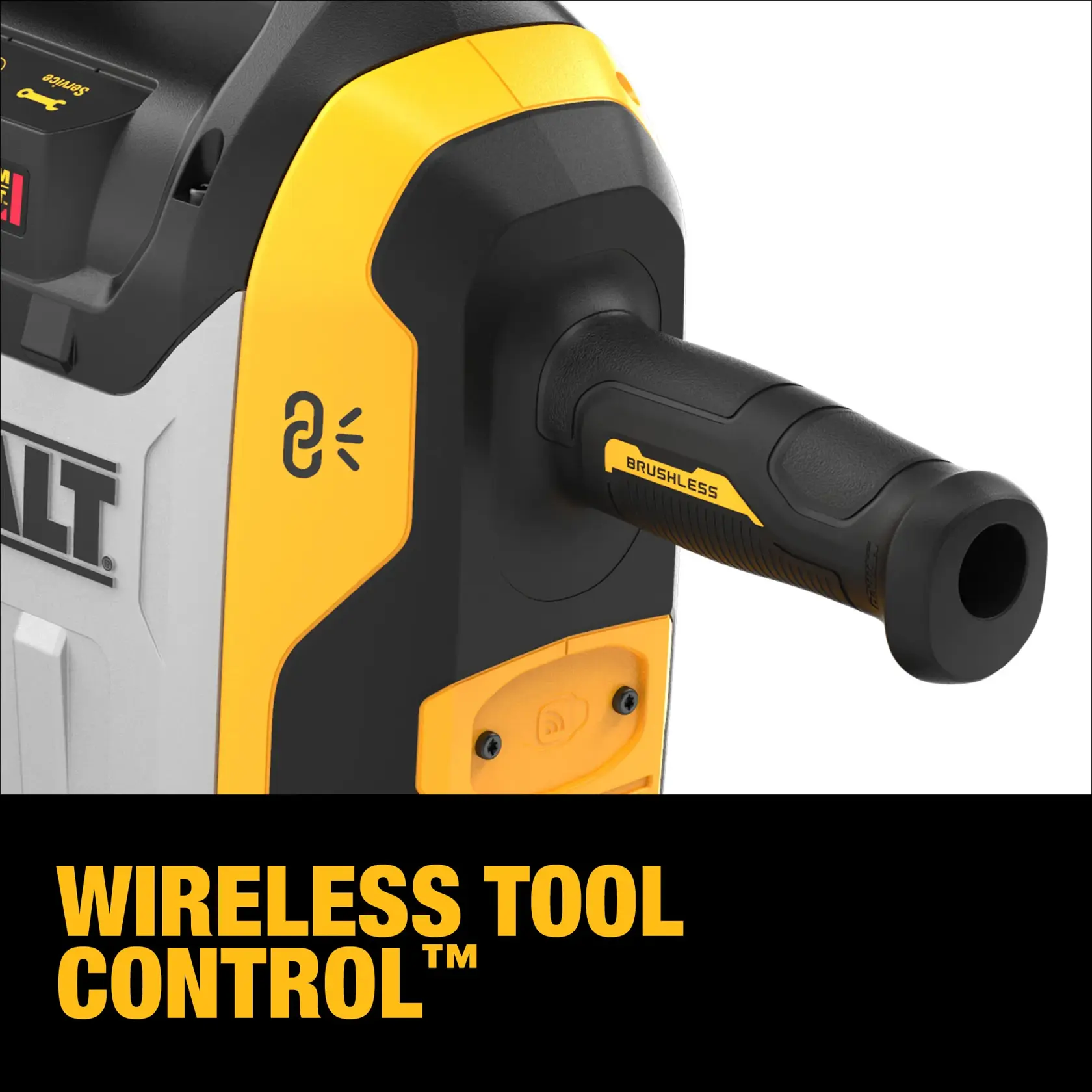 Close-up image of a DEWALT power tool featuring brushless technology and wireless tool control capability, with a side handle and branded logo.