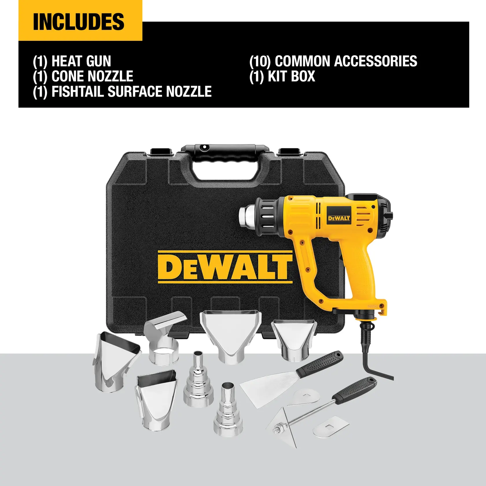 A hand holds a yellow and black DEWALT heat gun (D26960K) being used to shrink a heat shrink connector on a red wire. The scene shows electronic equipment with multiple colored wires, circuit boards, capacitors, and tools, demonstrating the heat gun's function for electrical and repair work.