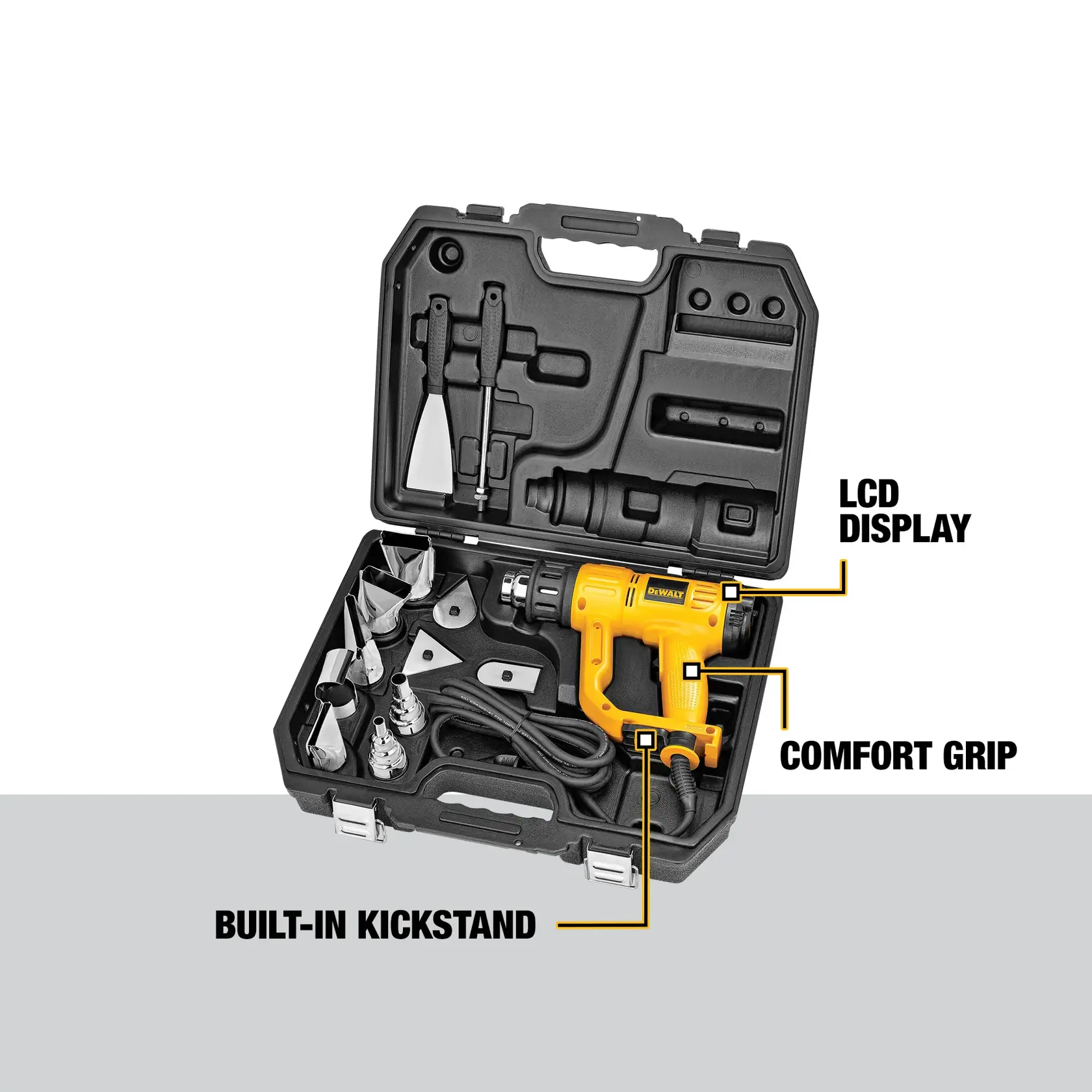 A person wearing gloves uses a DEWALT heat gun to remove a sign from the side of a blue vehicle.