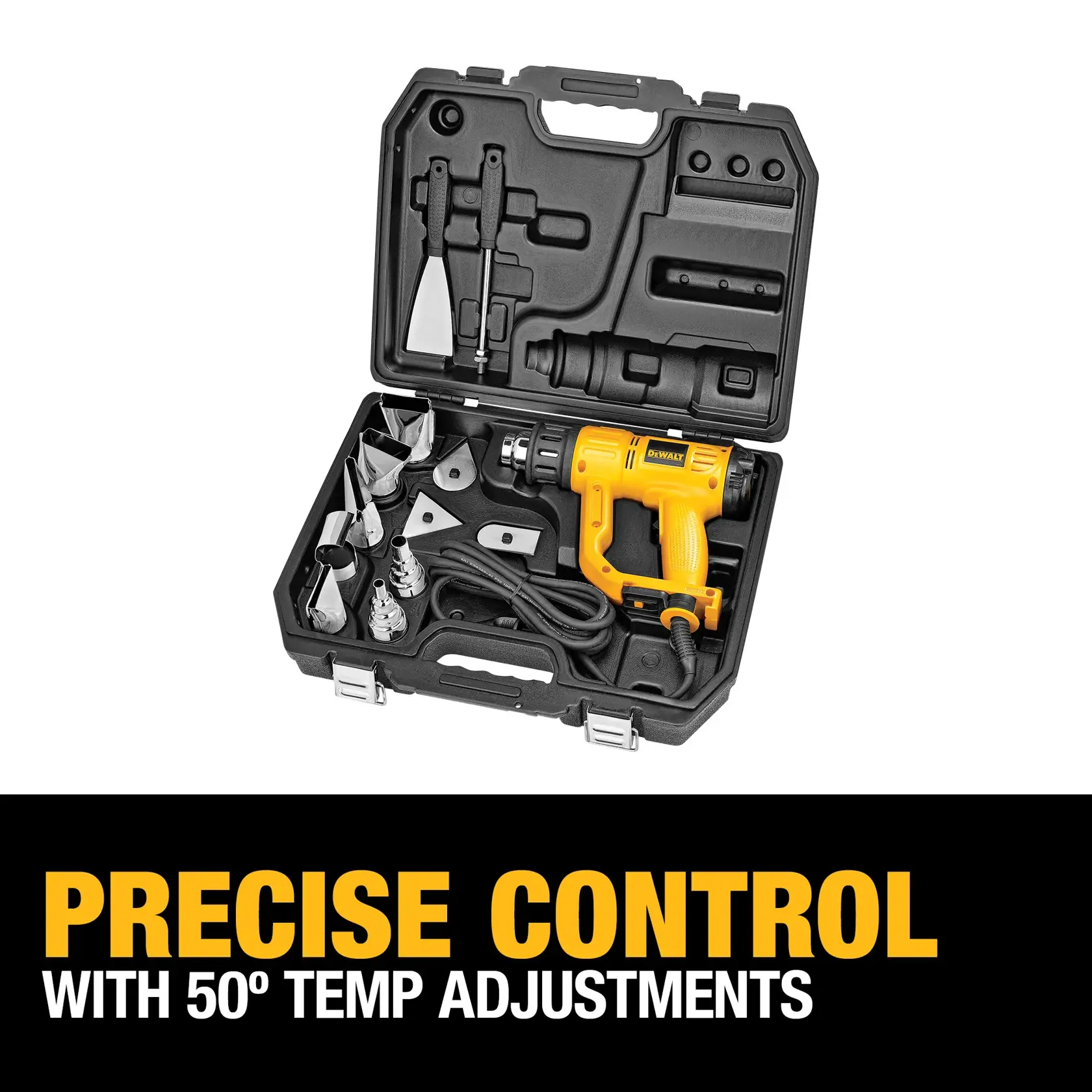 A person uses a DEWALT heat gun to remove paint from a wooden door, assisted by a metal scraper.