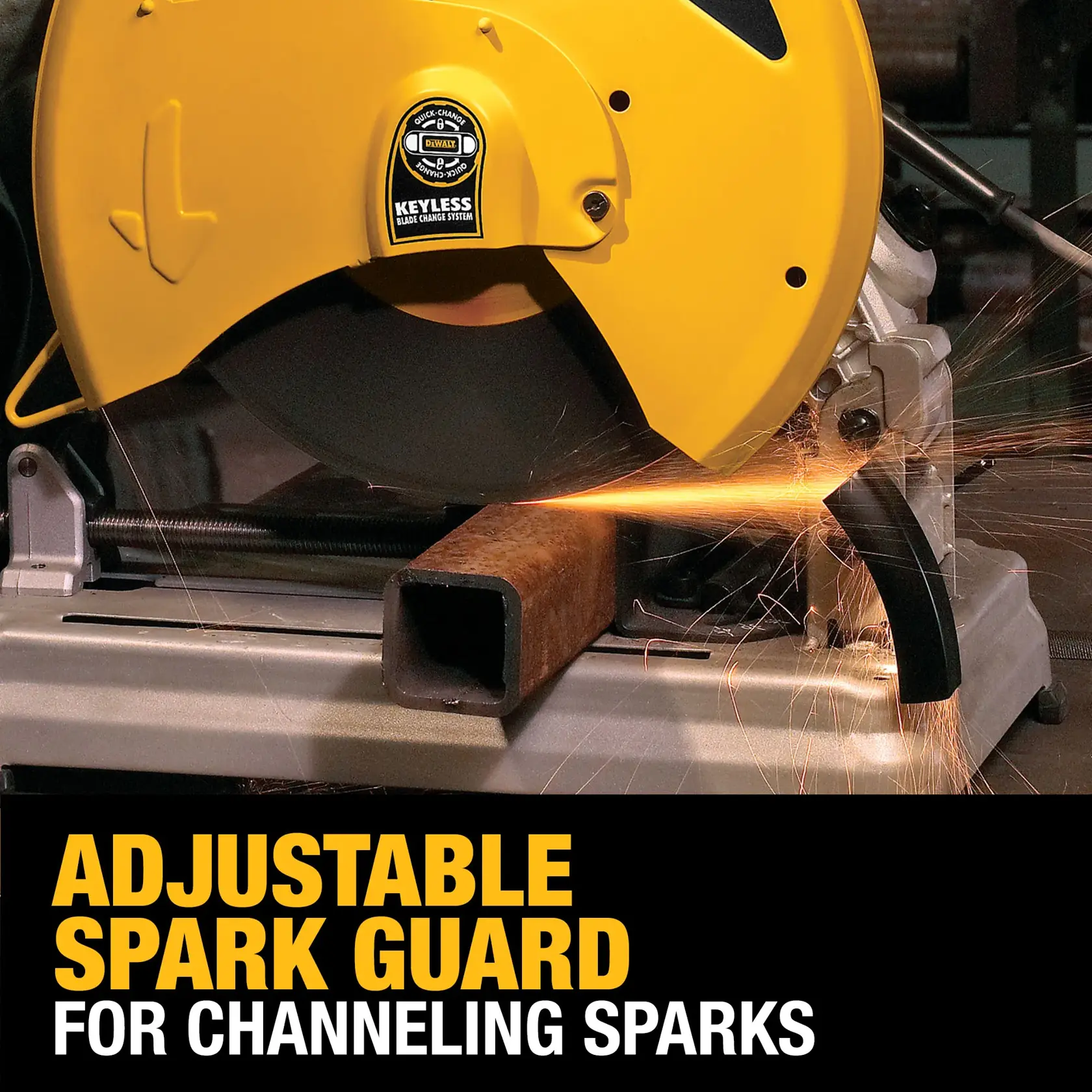 Chop Saw with QUIK-CHANGE™ Keyless Blade Change System being used by a person to cut metal pipes