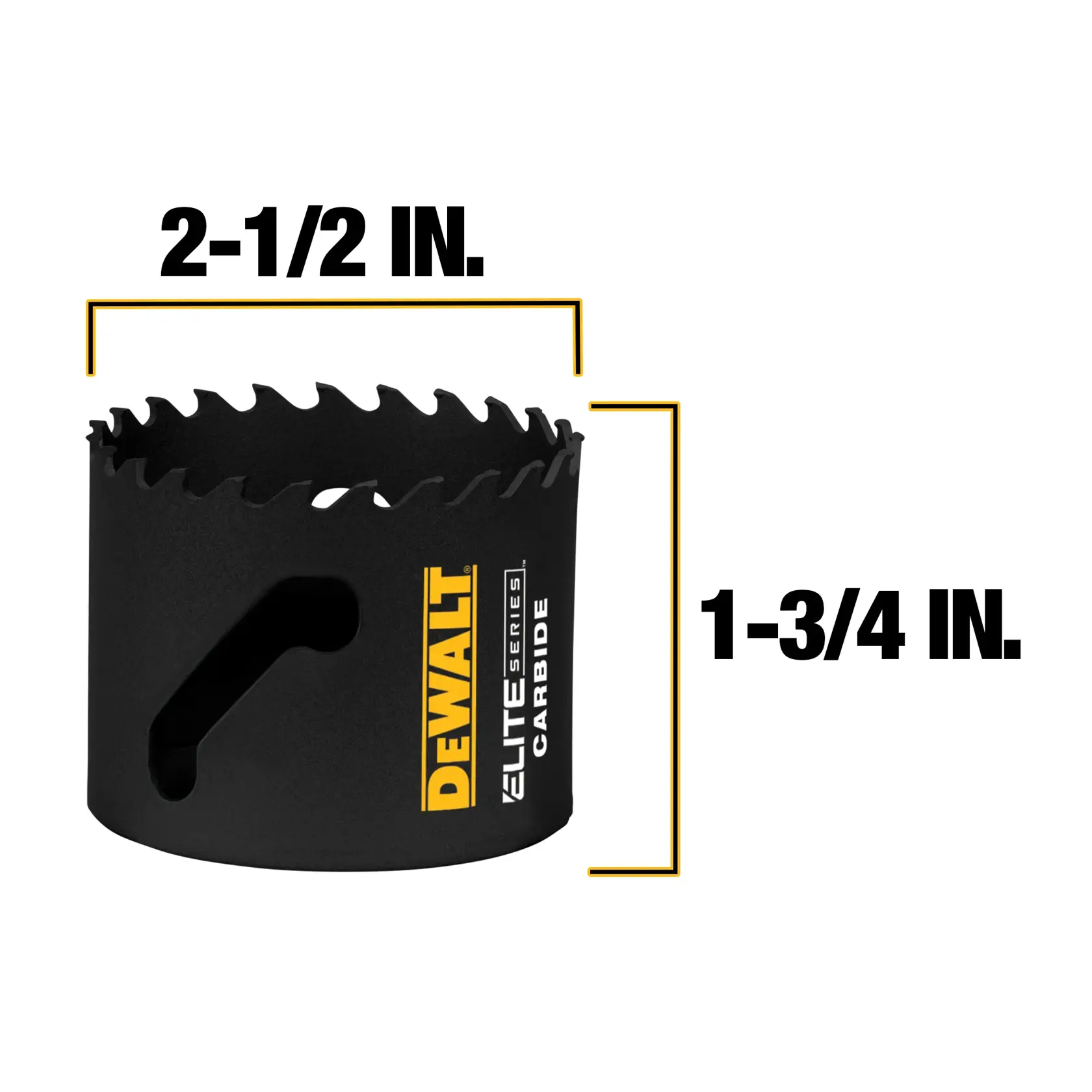 A DEWALT Elite Series carbide hole saw with black finish is shown. The diameter is labeled as 2-1/2 inches and the depth is labeled as 1-3/4 inches.