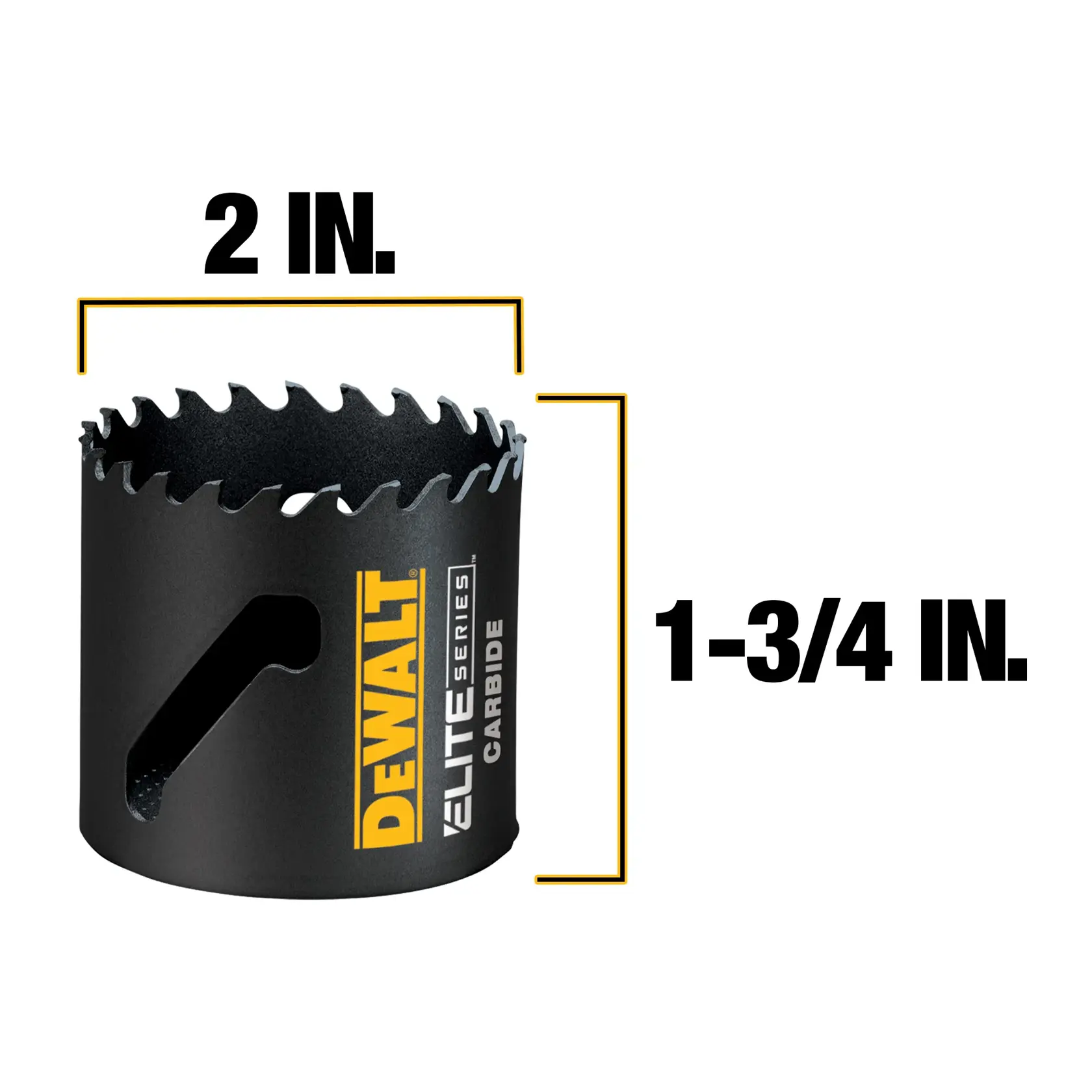 A DEWALT Elite Series carbide hole saw with black body, labeled 2 inches in diameter and 1-3/4 inches in height.