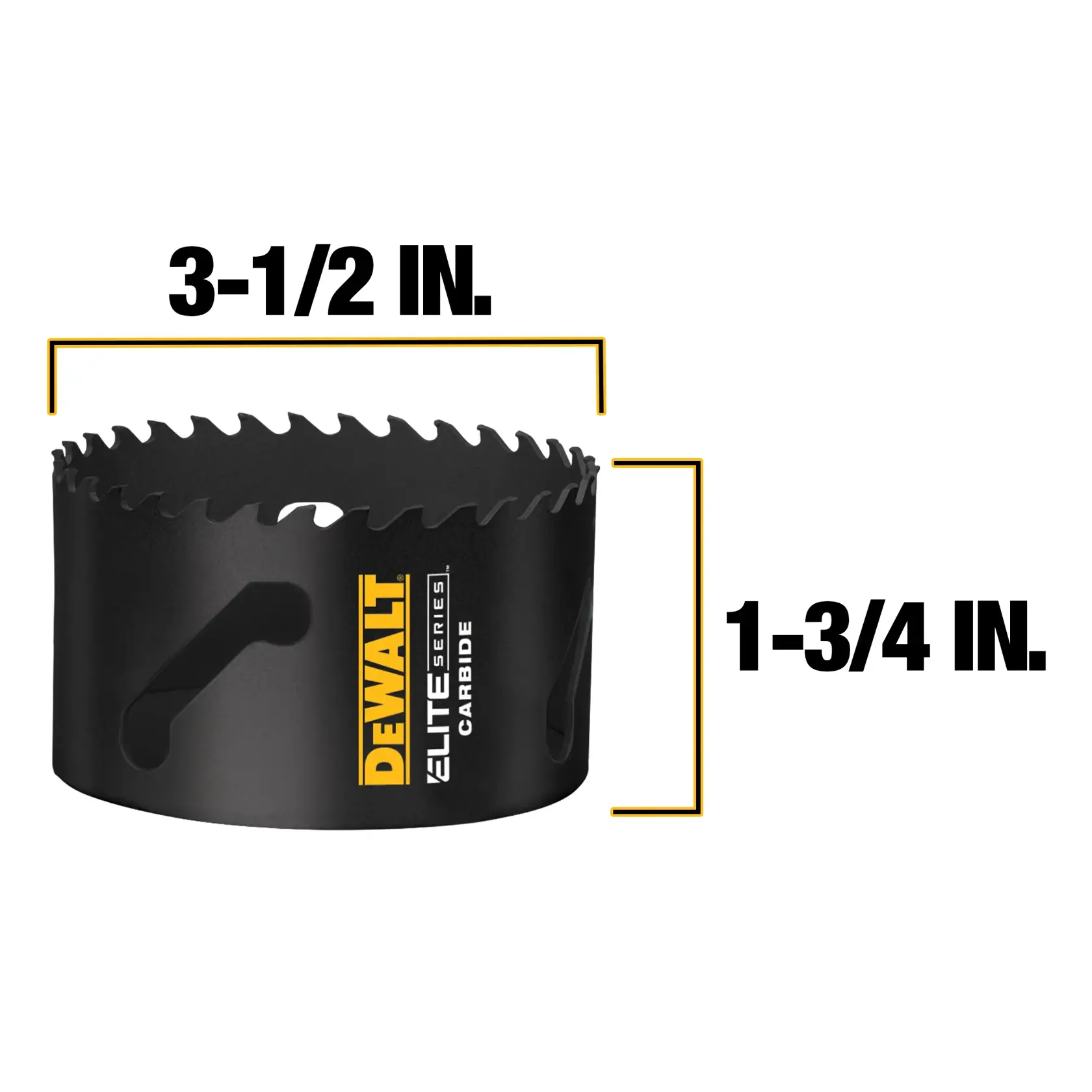 Front view of DEWALT ELITE SERIES (TM) Multi-Material Hole Saws with measurements
