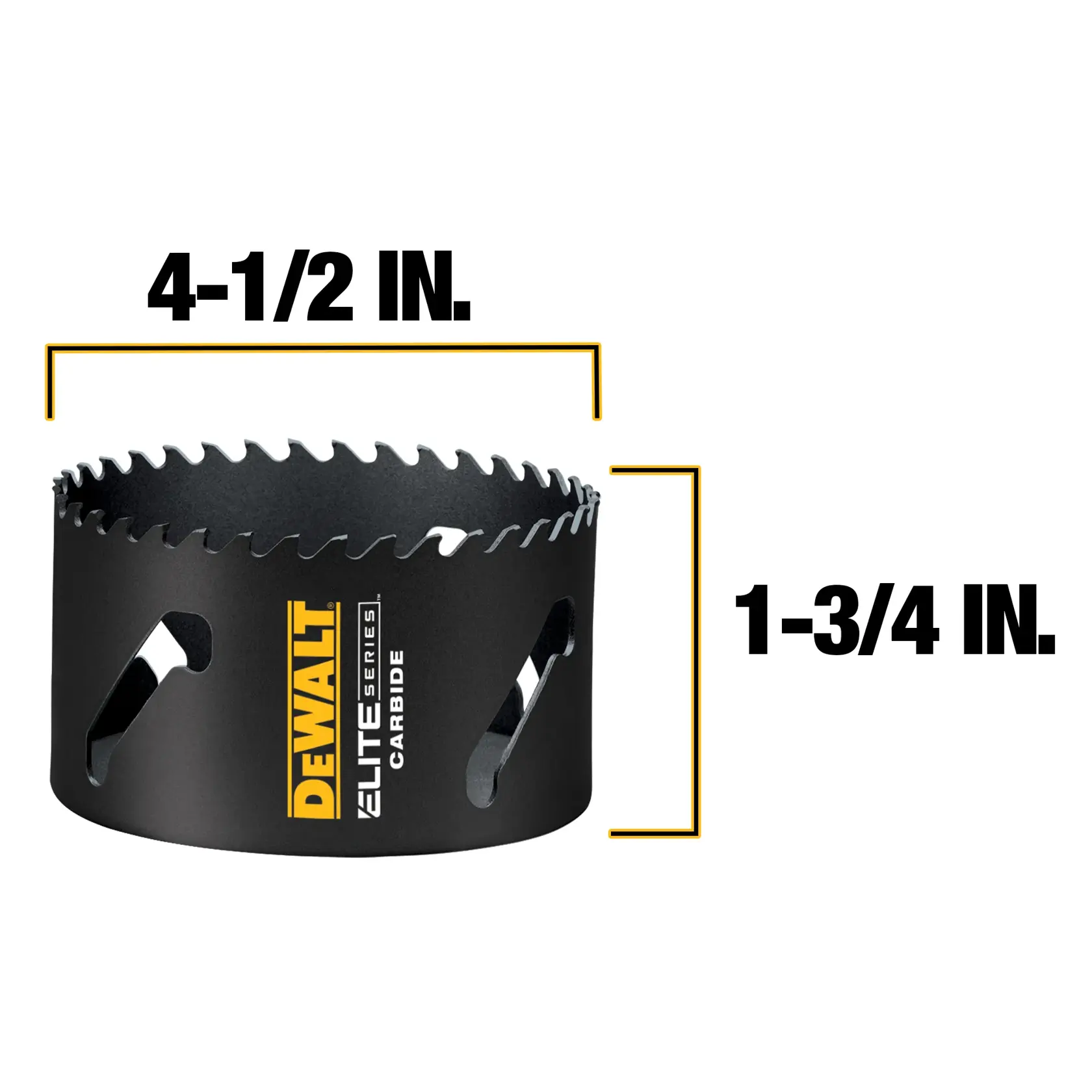 DEWALT Elite Series carbide hole saw with a diameter of 4-1/2 inches and a depth of 1-3/4 inches, shown with measurement labels.