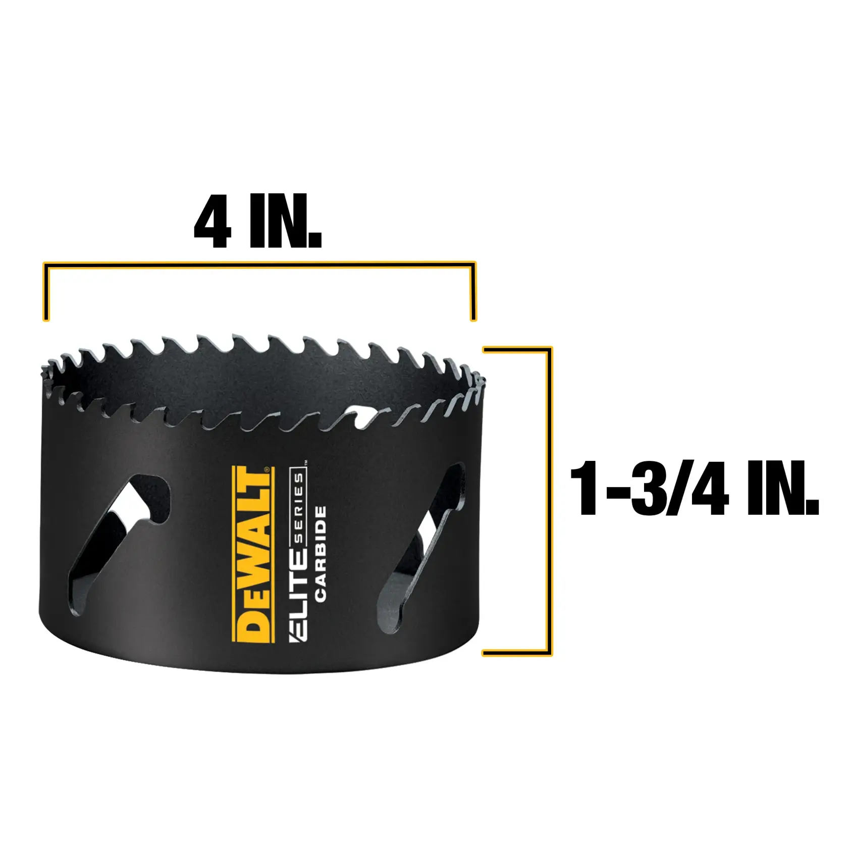 DEWALT Elite Series carbide hole saw, shown with dimensions 4 inches in diameter and 1-3/4 inches in height.
