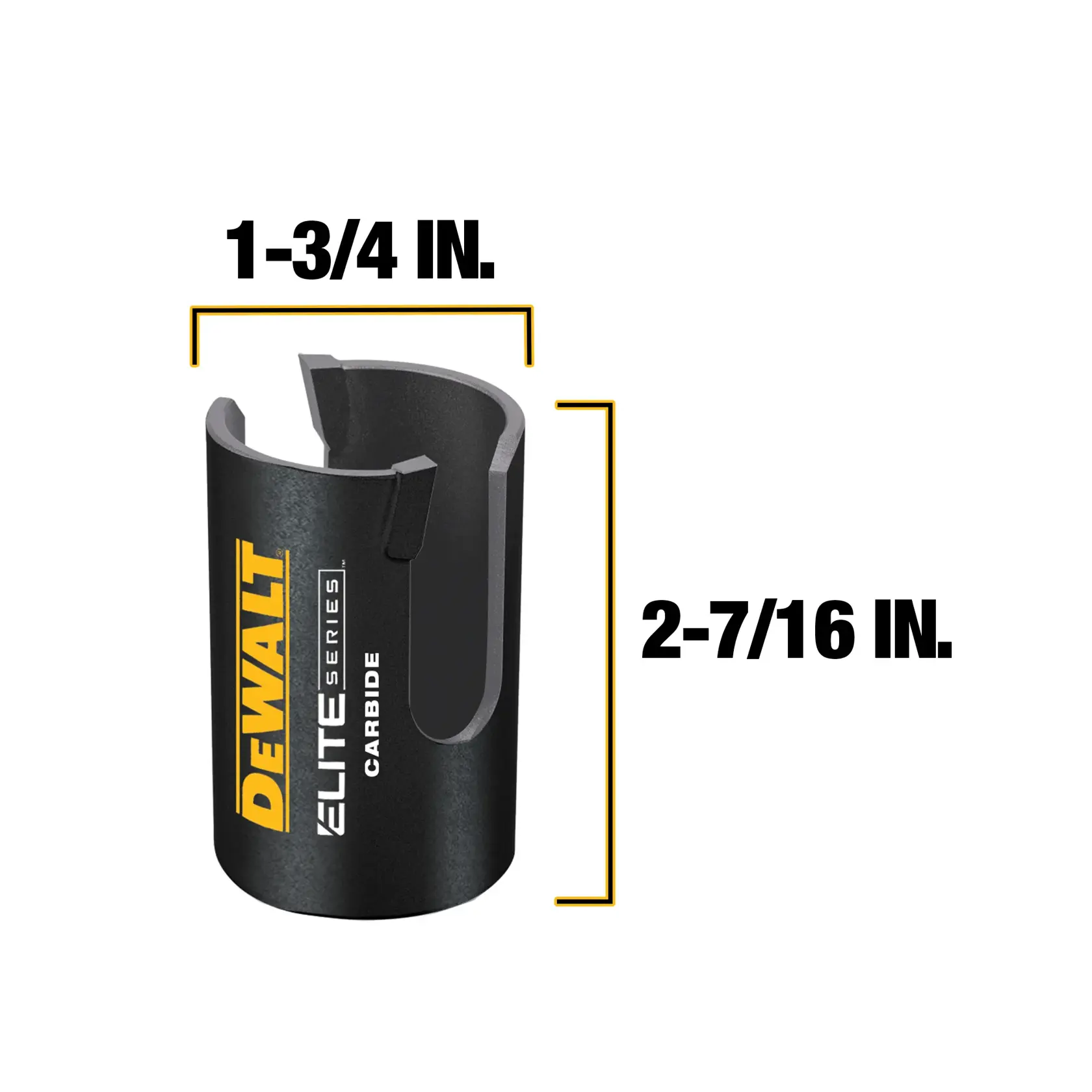 Front view of DEWALT ELITE SERIES (TM) Multi-Material Hole Saws with measurements