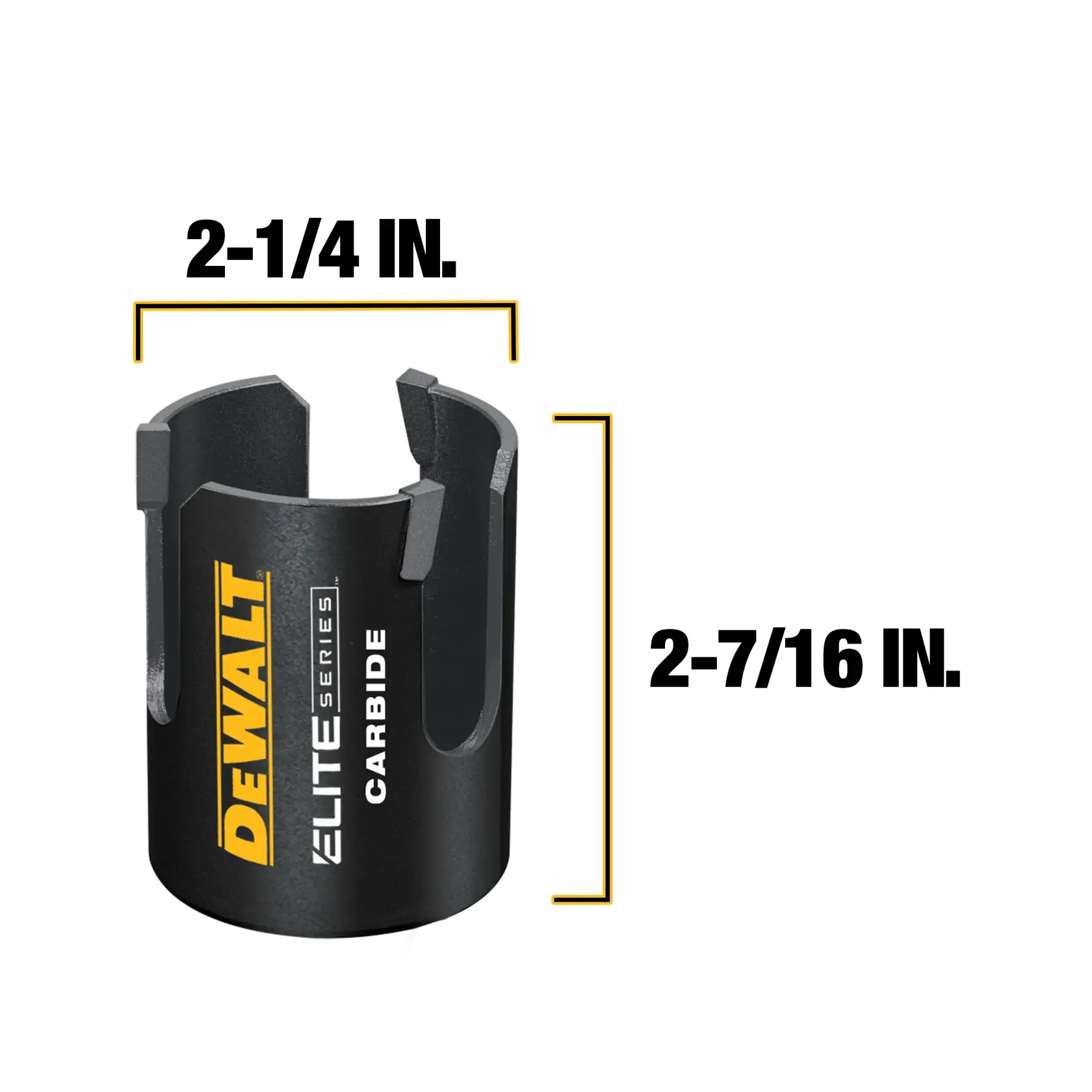 Front view of DEWALT ELITE SERIES (TM) Multi-Material Hole Saws with measurements