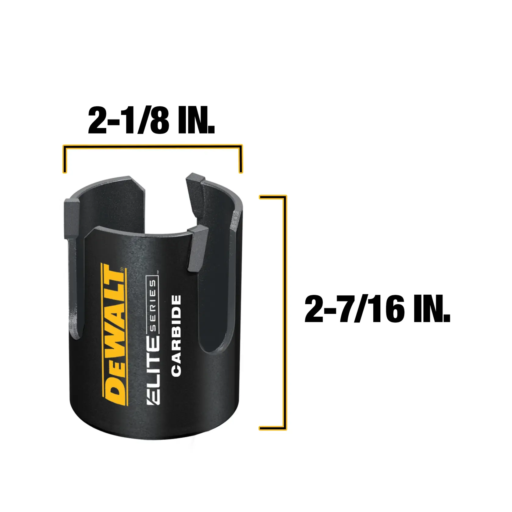 Front view of DEWALT ELITE SERIES (TM) Multi-Material Hole Saws with measurements
