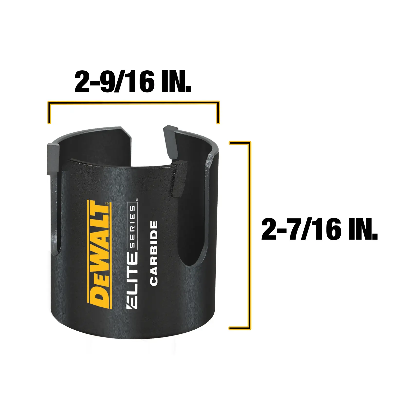 Front view of DEWALT ELITE SERIES (TM) Multi-Material Hole Saws with measurements