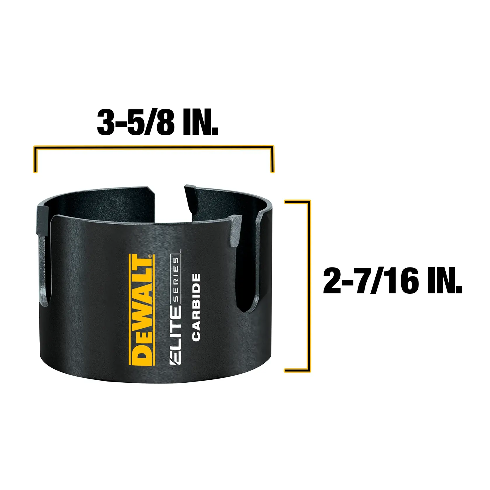 A DEWALT Elite Series carbide hole saw, black in color, with labeled dimensions: 3-5/8 inches in diameter and 2-7/16 inches in height.