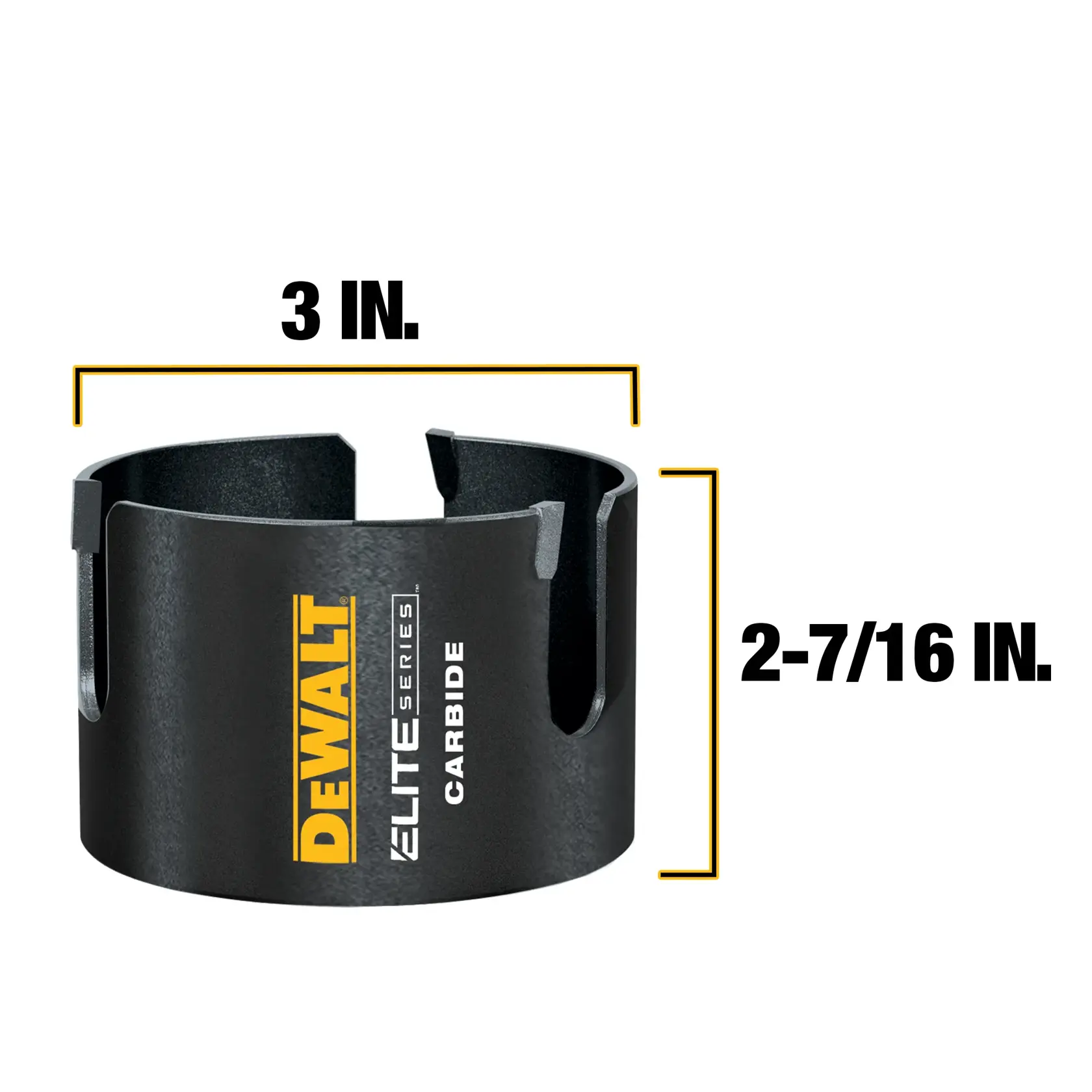 Front view of DEWALT ELITE SERIES (TM) Multi-Material Hole Saws with measurements