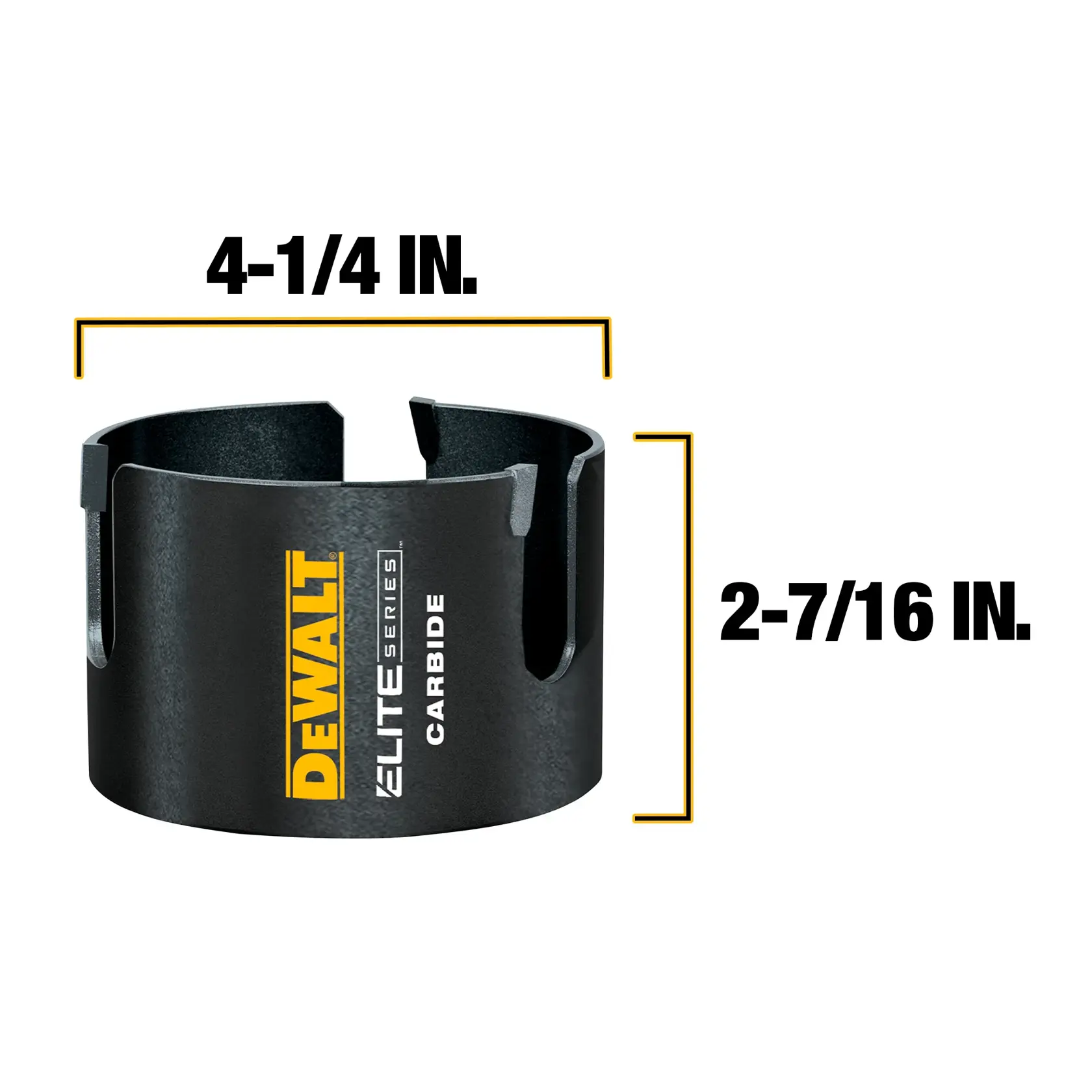 Front view of DEWALT ELITE SERIES (TM) Multi-Material Hole Saws with measurements