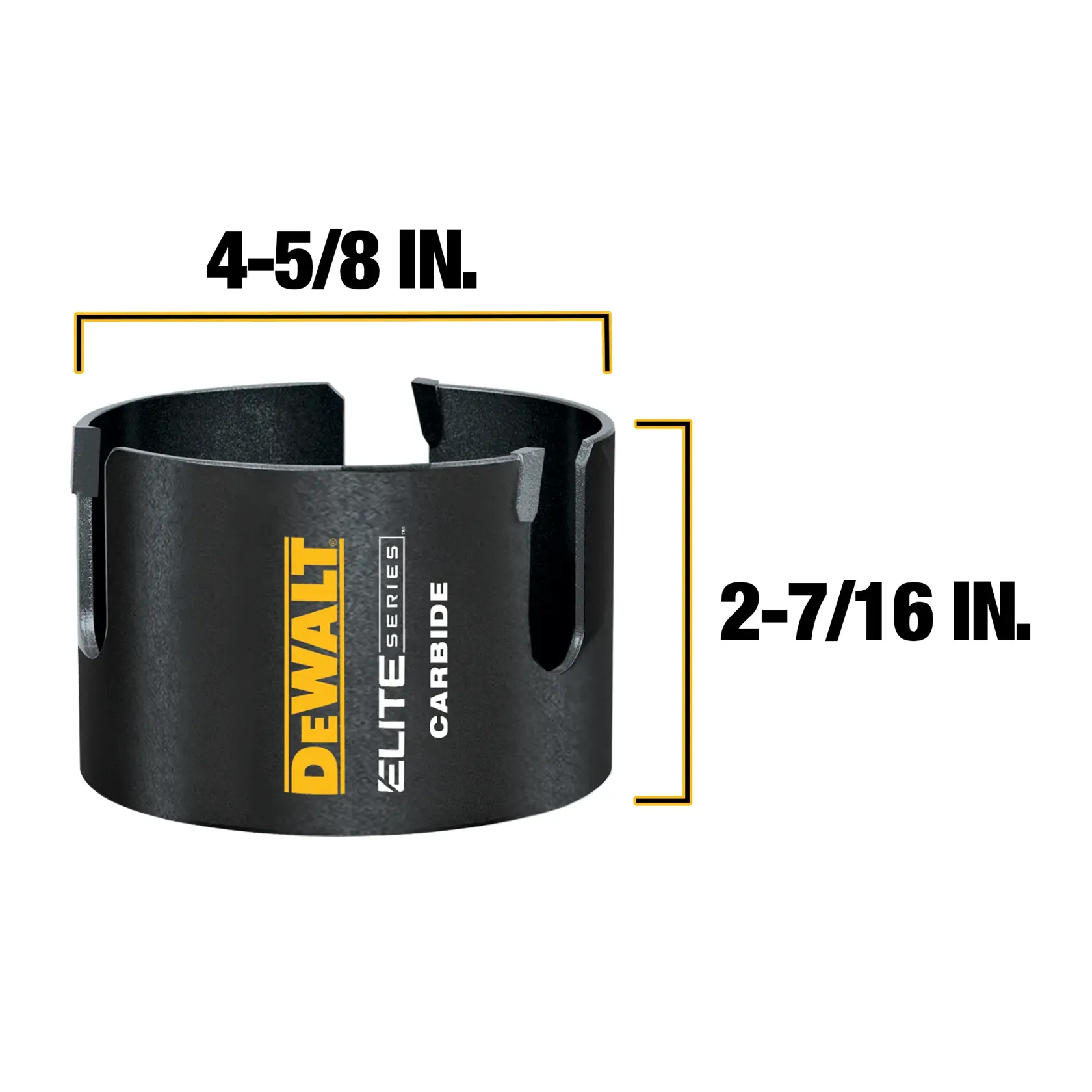 A DEWALT Elite Series carbide hole saw is shown with dimensions labeled: 4-5/8 inches in diameter and 2-7/16 inches in height. The tool is black with yellow and white branding.