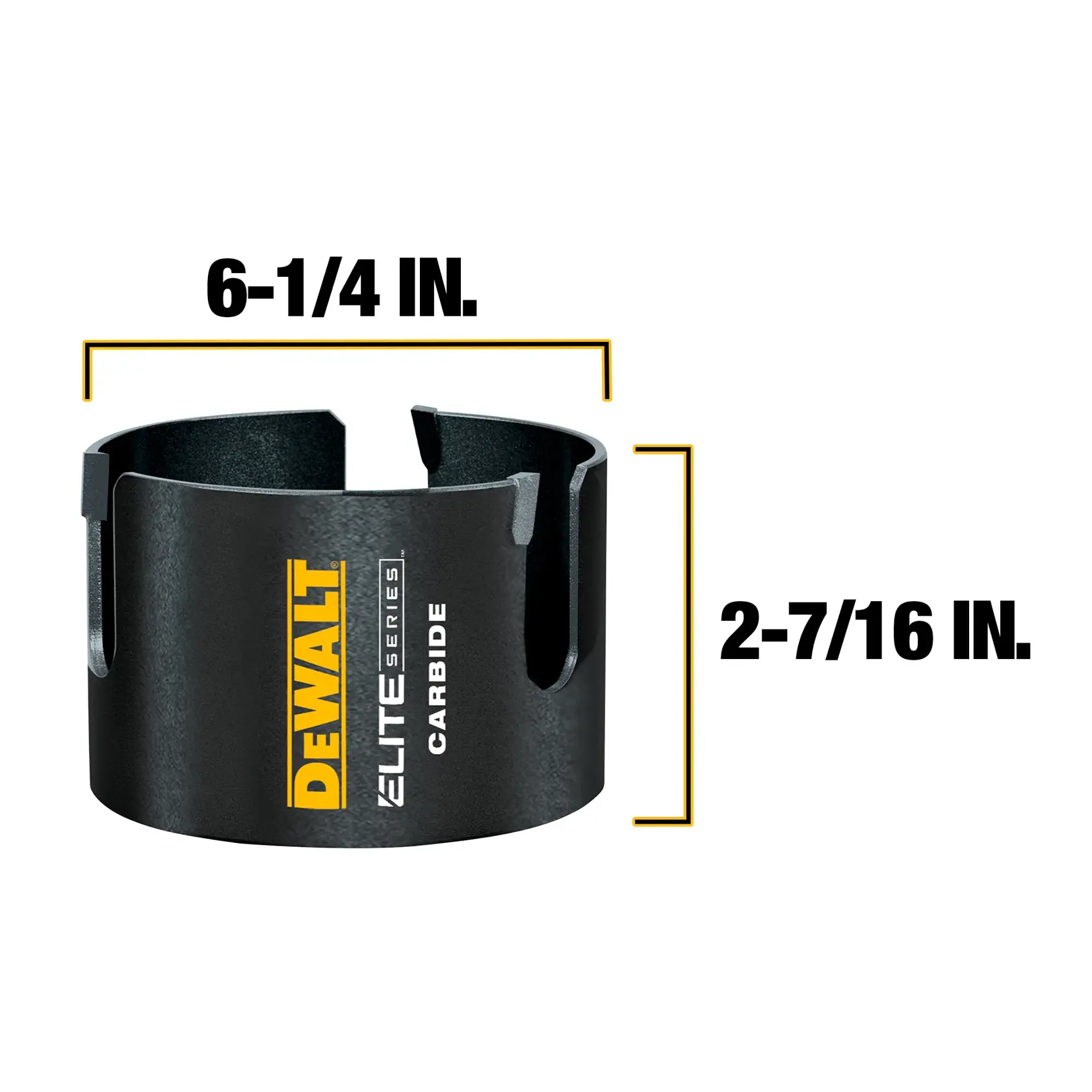Front view of DEWALT ELITE SERIES (TM) Multi-Material Hole Saws with measurements