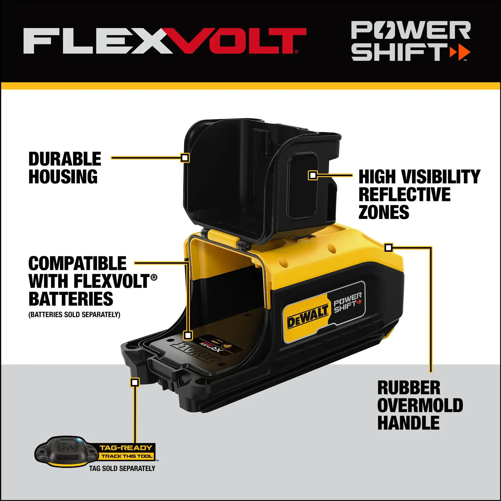 A DEWALT Power Shift FlexVolt battery-compatible device is shown with key features highlighted. These features include a durable housing, high visibility reflective zones, a rubber overmold handle, and compatibility with FlexVolt batteries and a tag-ready tracking system, with tags sold separately.