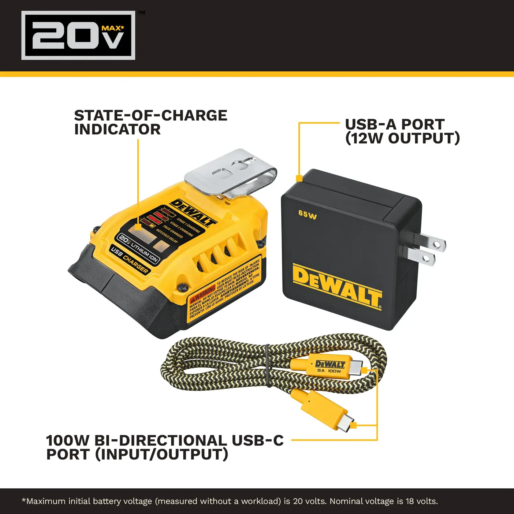 A DEWALT 20V lithium-ion battery with a USB adapter is charging a black laptop on a wooden workbench. There are also some pencils and drill bits scattered on the table.