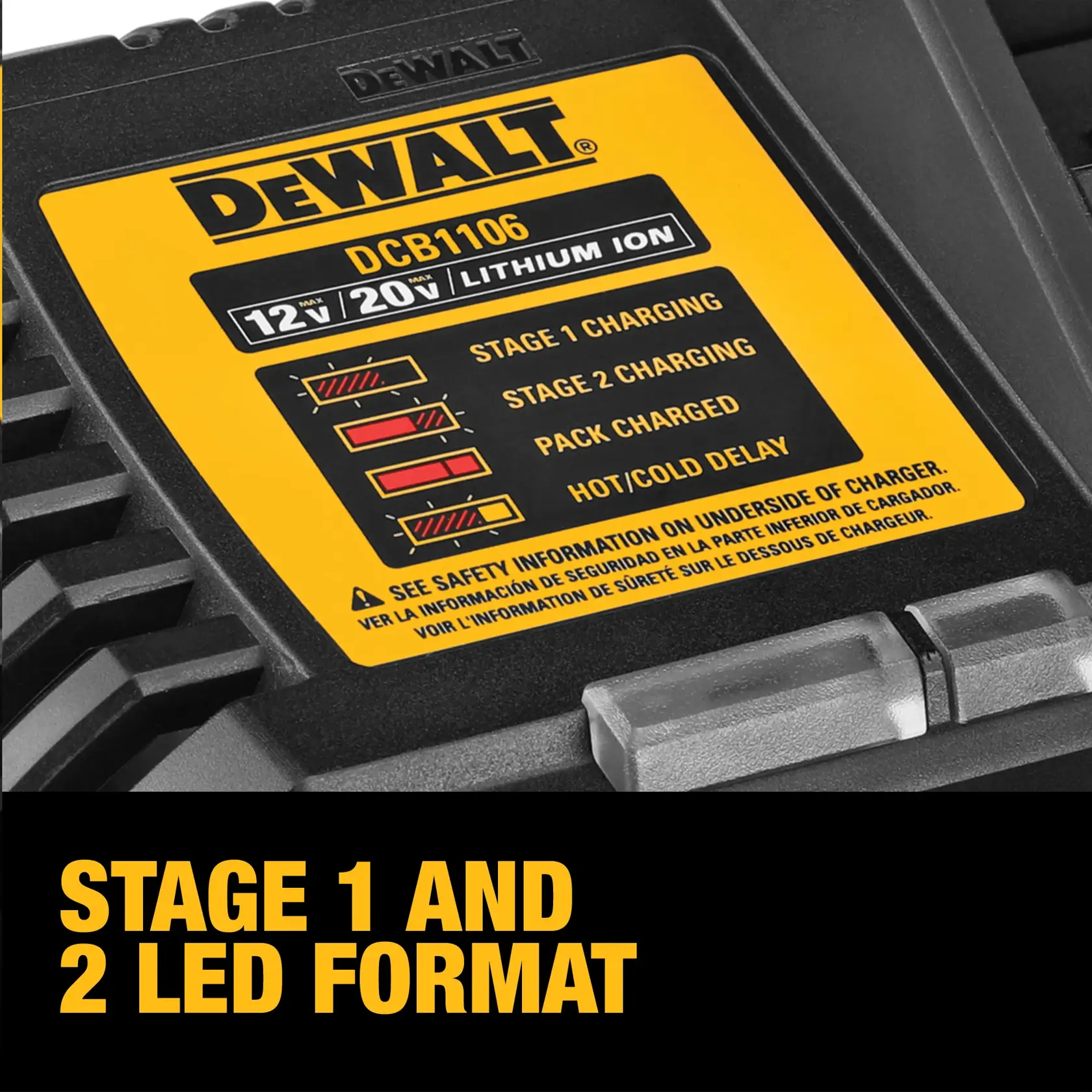 Close-up of a DEWALT DCB1106 battery charger displaying a yellow label with information about charging stages. The label indicates LED status for stage 1 charging, stage 2 charging, pack charged, and hot/cold delay for 12V/20V lithium ion batteries. The bottom of the image contains large text that reads, 'STAGE 1 AND 2 LED FORMAT'.