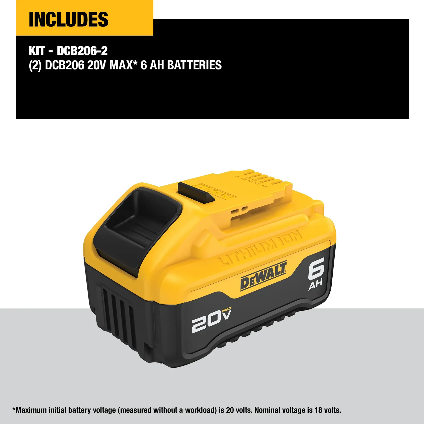 Product image showing a DEWALT DCB206-2 kit, which includes two DCB206 20V MAX 6 Ah lithium-ion batteries. The battery is yellow and black, and it displays specifications on the side. Text at the top lists included items and battery details.