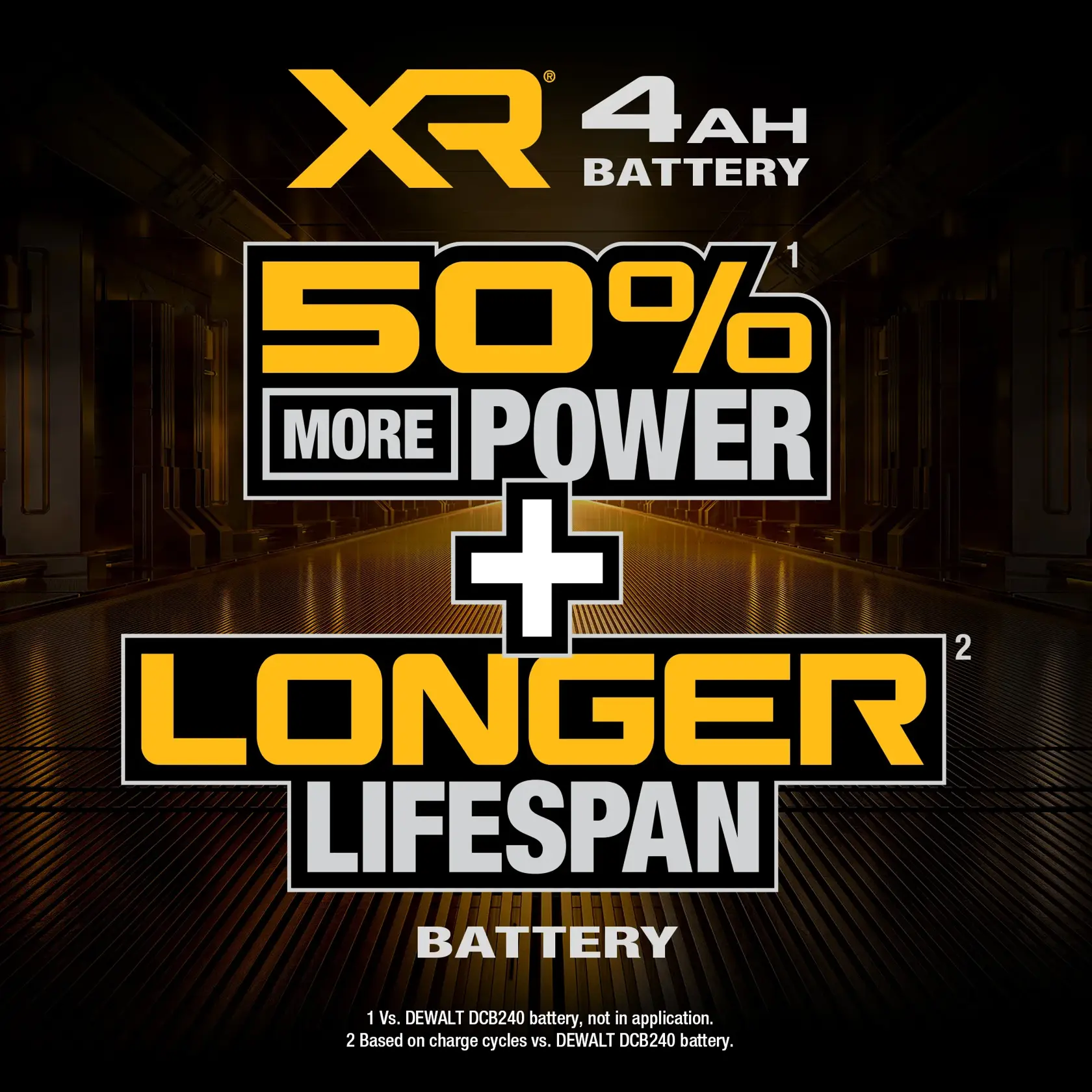 Promotional graphic for DEWALT XR 4Ah battery, featuring bold yellow and white text that highlights '50% More Power' and 'Longer Lifespan' compared to DEWALT DCB240 battery. Industrial background with metallic flooring.