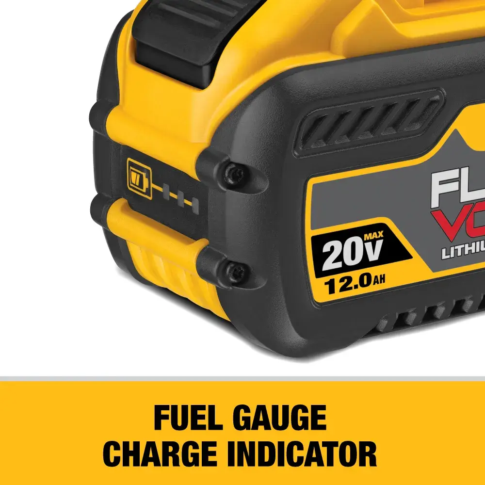 Close-up of a DEWALT battery pack with a visible fuel gauge charge indicator and label showing 20V max 12.0Ah. Text below reads: Fuel Gauge Charge Indicator.