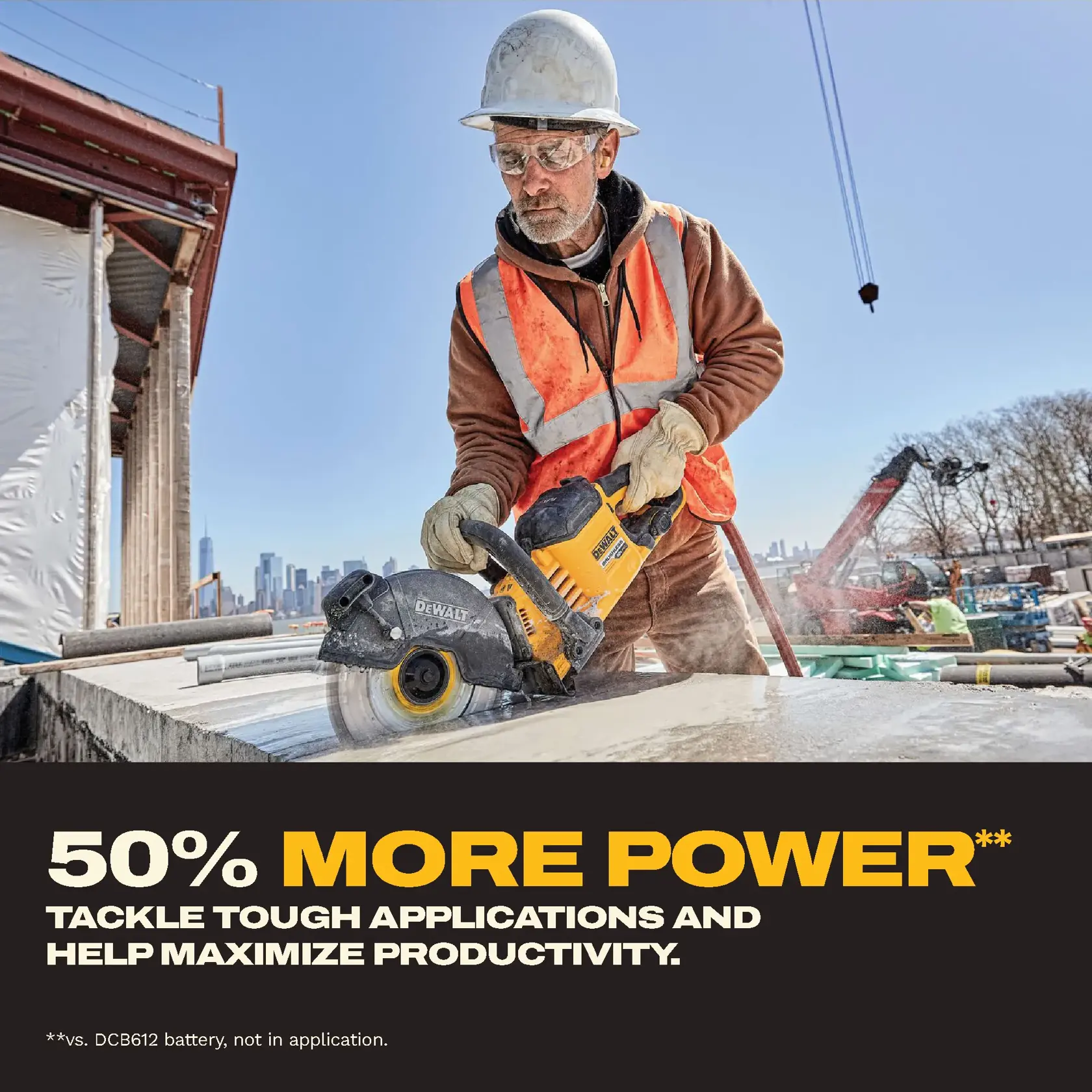 A construction worker wearing a hard hat, orange safety vest, and gloves operates a DEWALT power saw on a job site, cutting through concrete. The image highlights the DEWALT DCB6112 product and features a text overlay promoting '50% more power' for tackling tough applications and maximizing productivity. Construction equipment and city skyline are visible in the background.