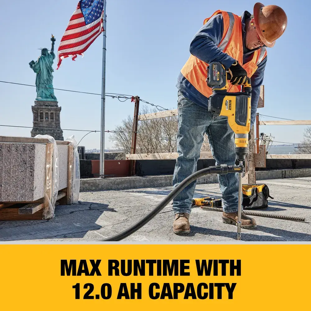 20 Volt to 60 Volt 12 AMP hours Lithium Ion Battery being replaced into a road drill by a construction worker