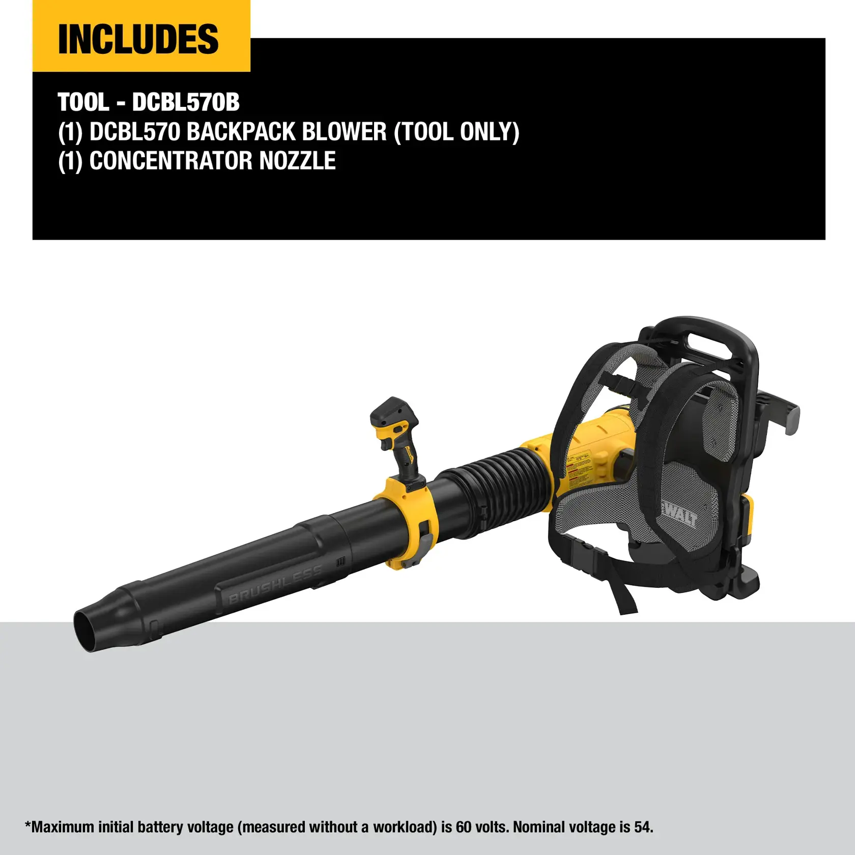 DEWALT DCBL570B Backpack Blower kit includes graphic