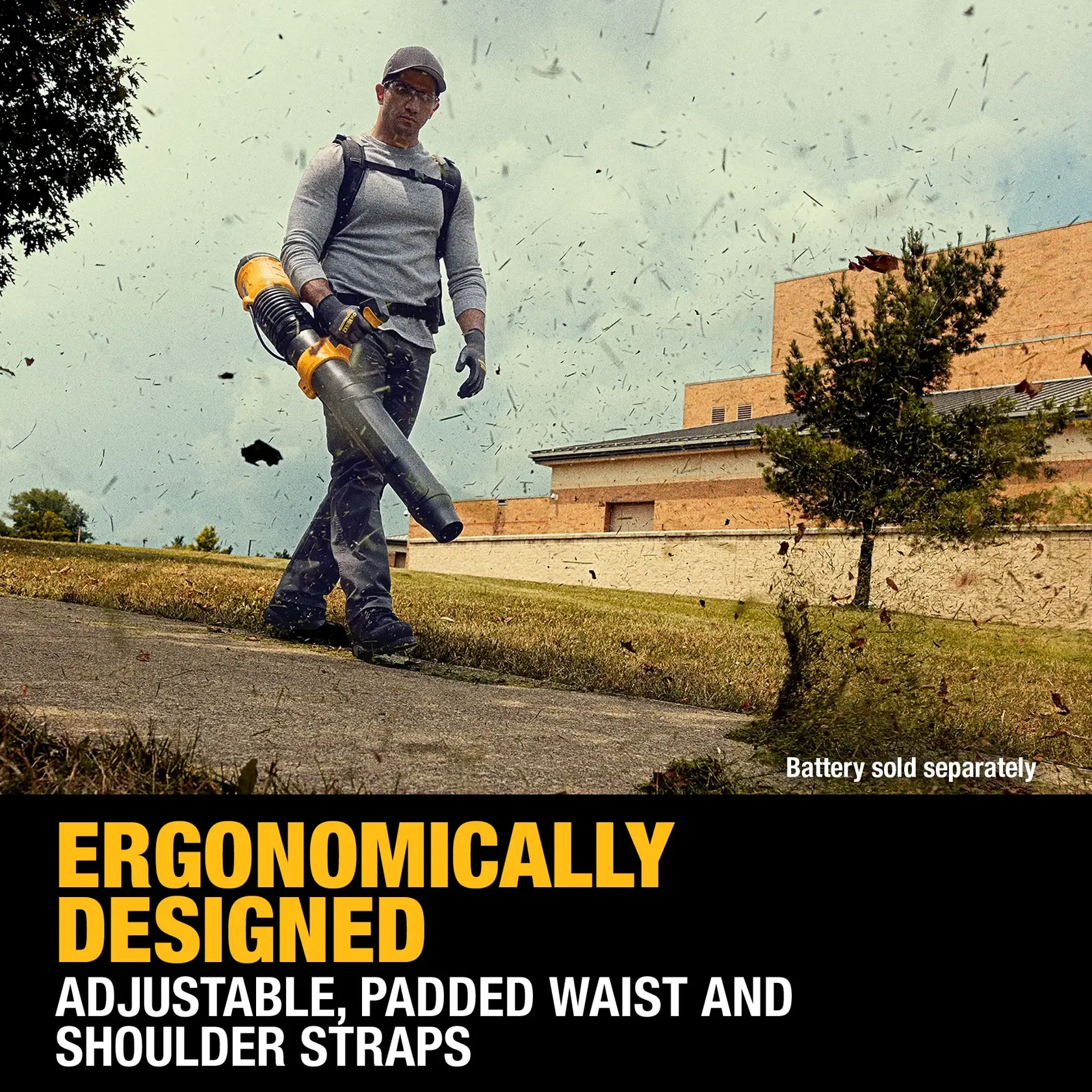 DEWALT DCBL570B Backpack Blower user blowing leaves graphic