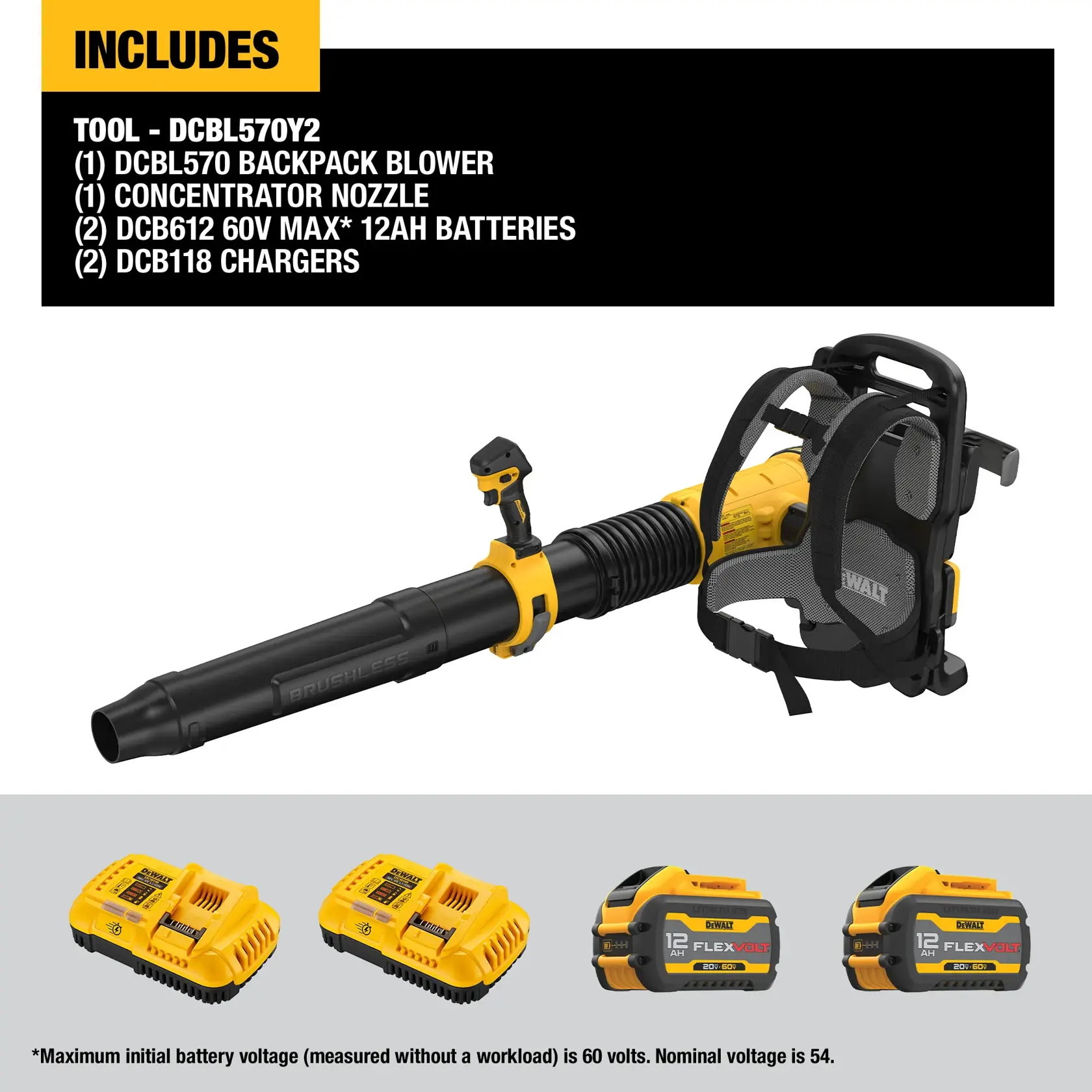 DEWALT DCBL570Y2 Backpack Blower kit includes graphic