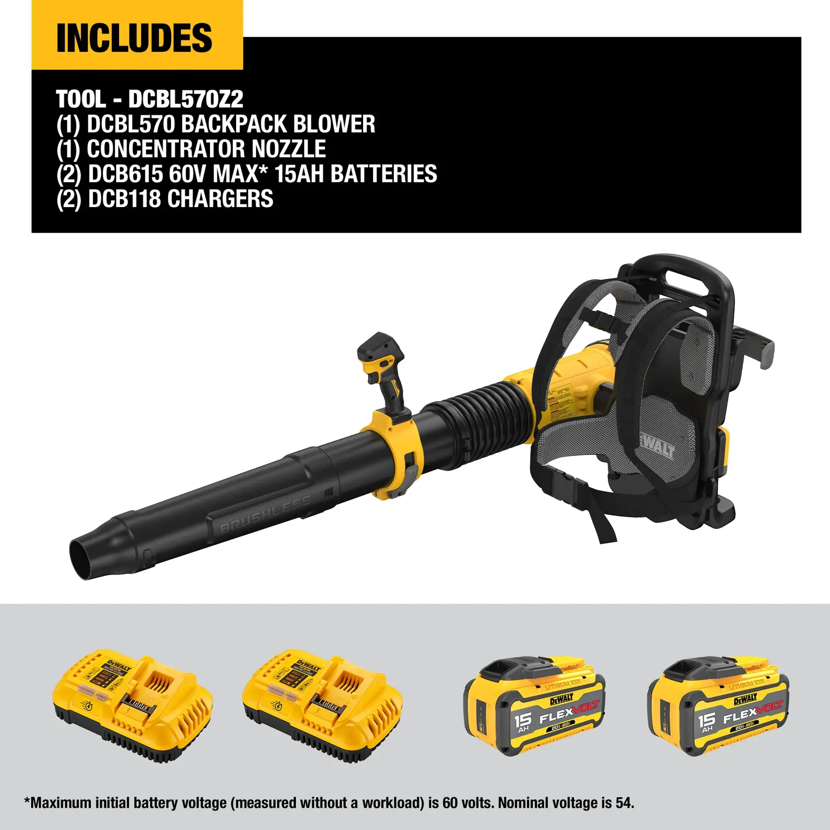 DEWALT DCBL570Z2 Backpack Blower kit includes graphic
