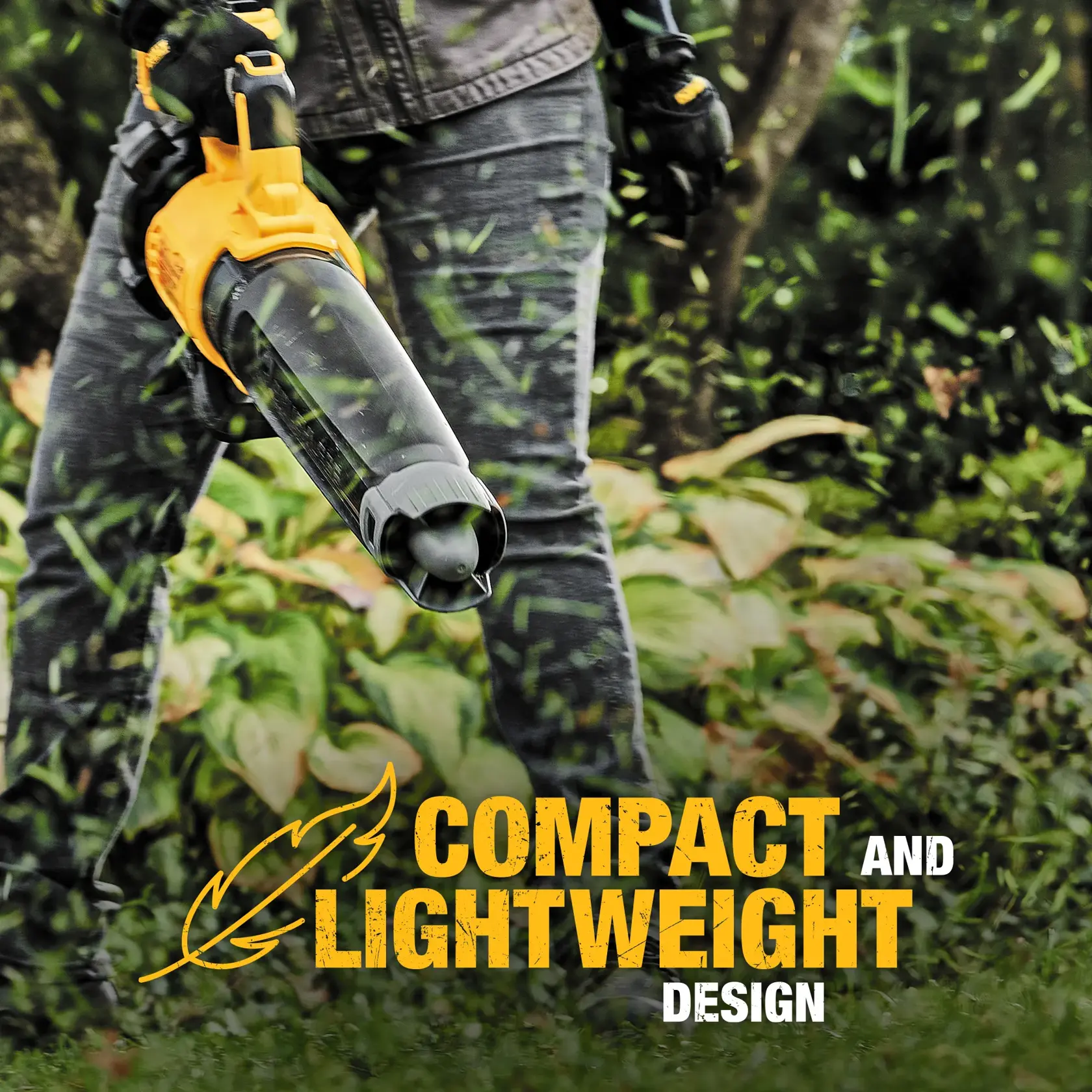 LITHIUM ION XR® Brushless, handheld blower with nozzle being used by a person to blow grass blades off  ground. 