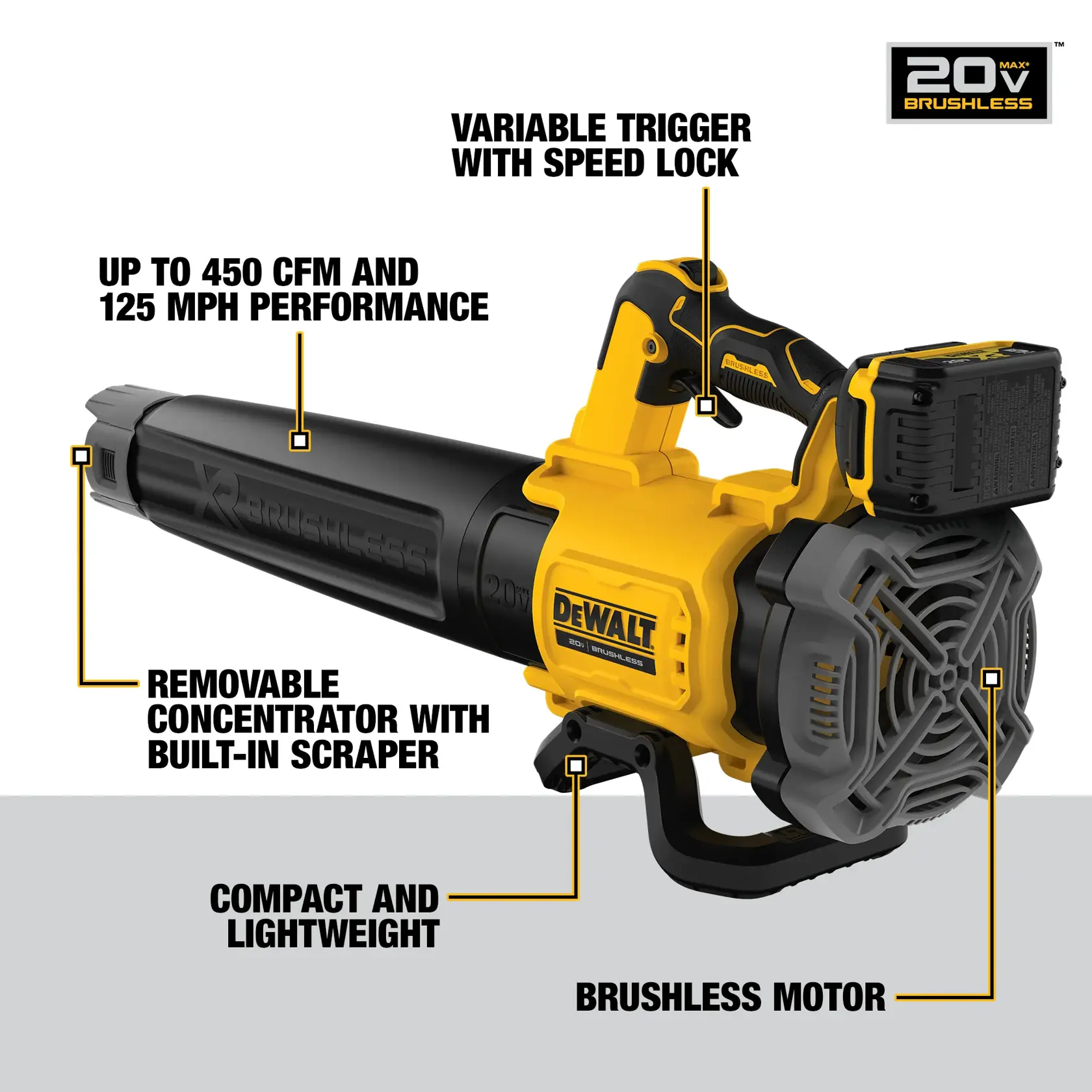 XR® Brushless, handheld blower being used by a person to blow leaves off  ground outdoors