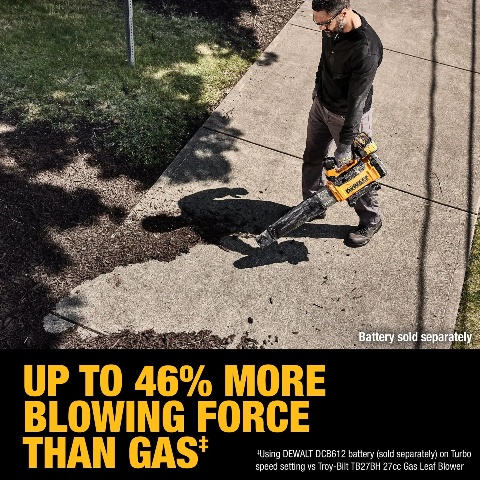 Person blowing mulch with 60V blower